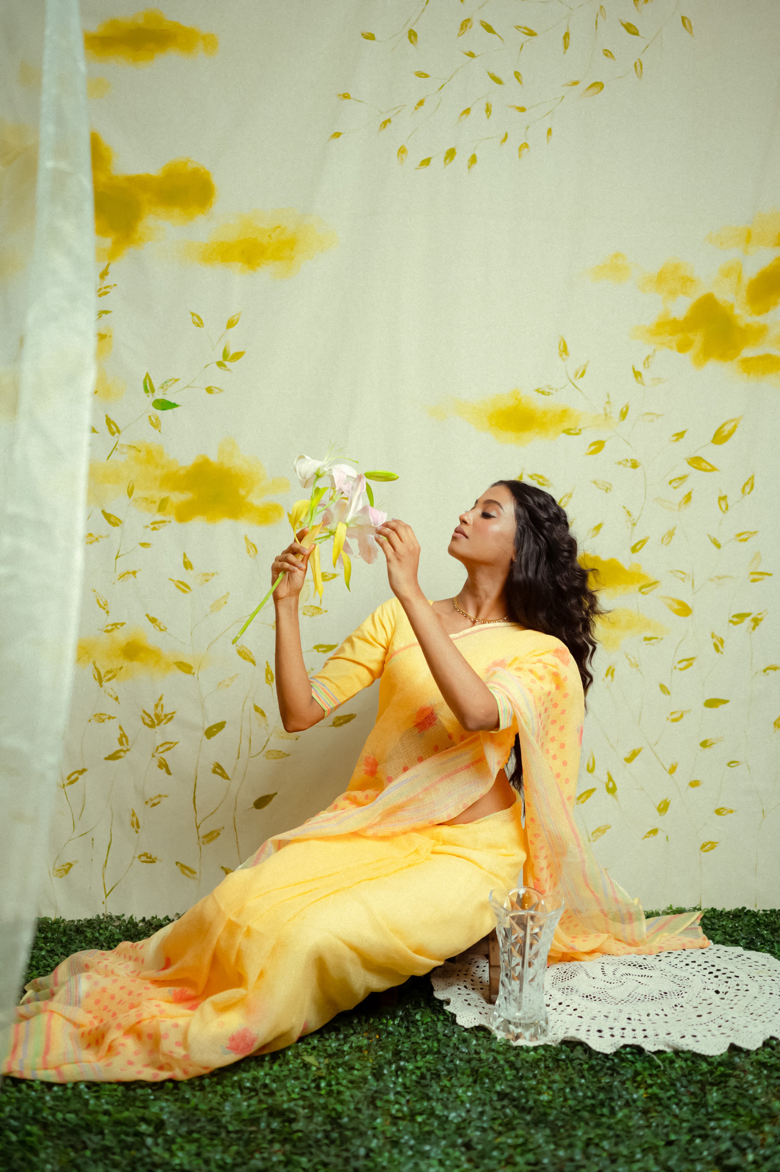 yellow Cotton Handwoven printed kota saree with ready to wear cotton printed blouse combo(Gulaab + Kesar)