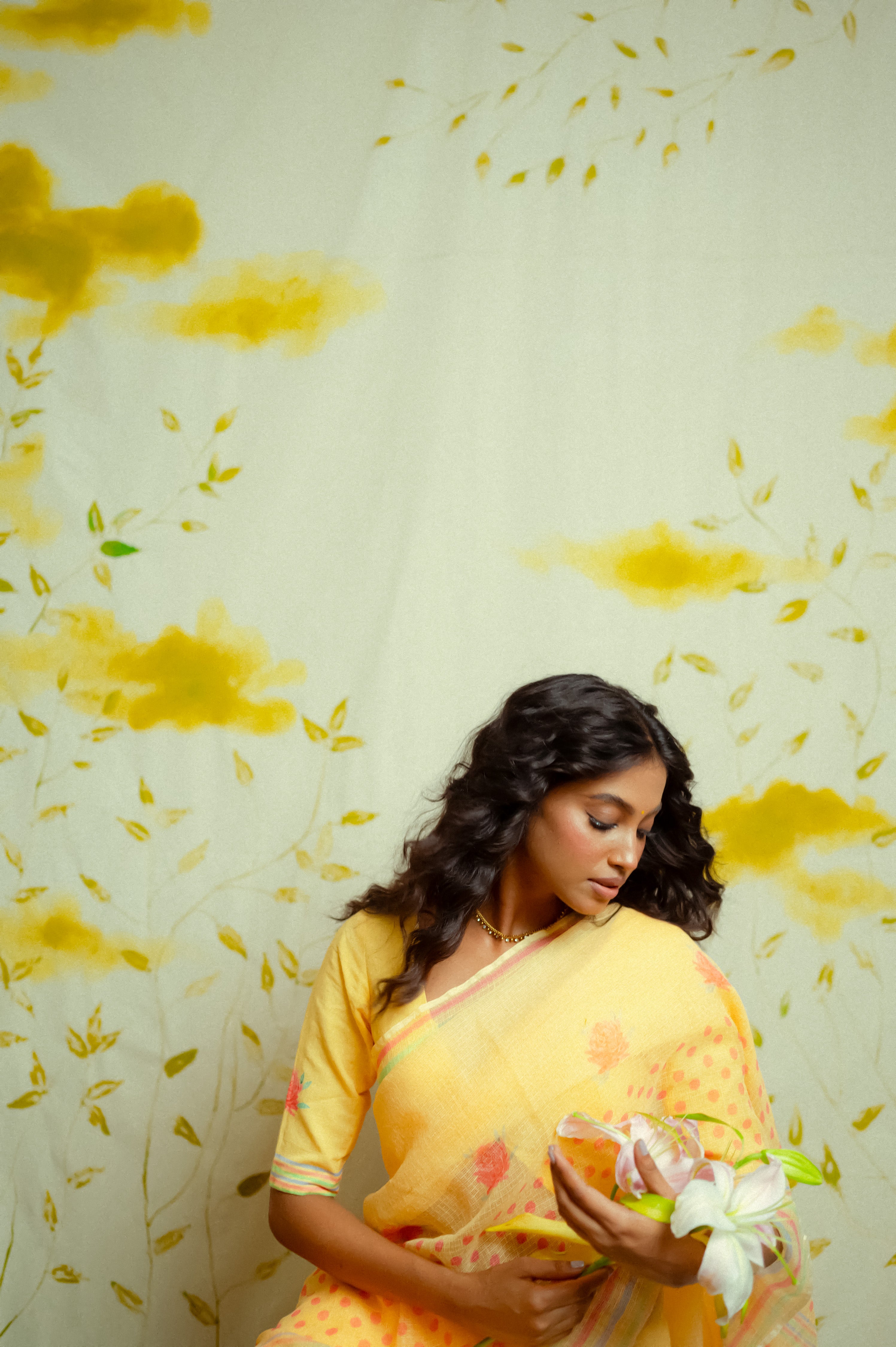 yellow Cotton Handwoven printed kota saree with ready to wear cotton printed blouse combo(Gulaab + Kesar)