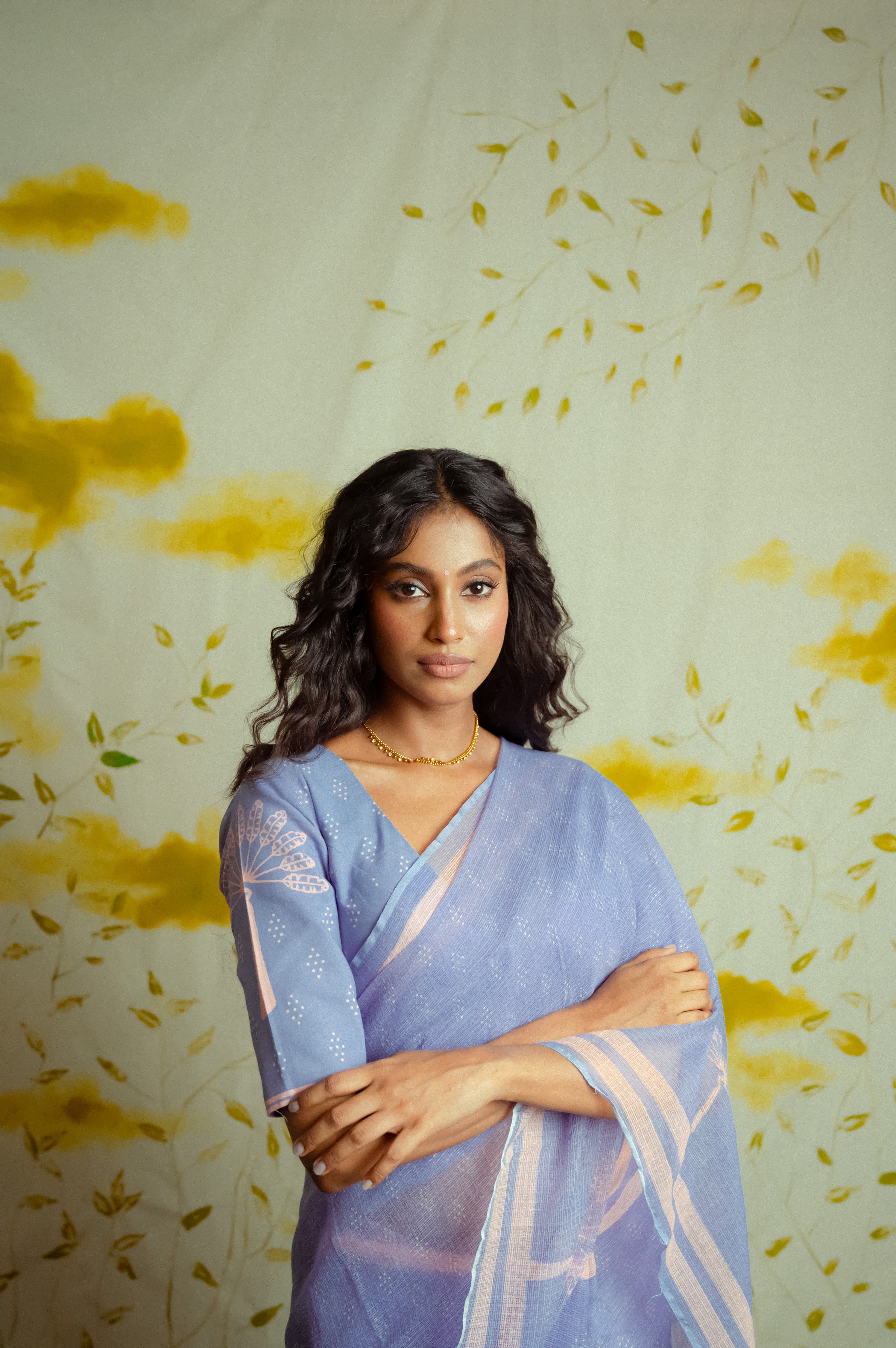 lavender Handwoven cotton printed kota saree with ready to wear cotton printed blouse combo(Mahua + Gulnaar)