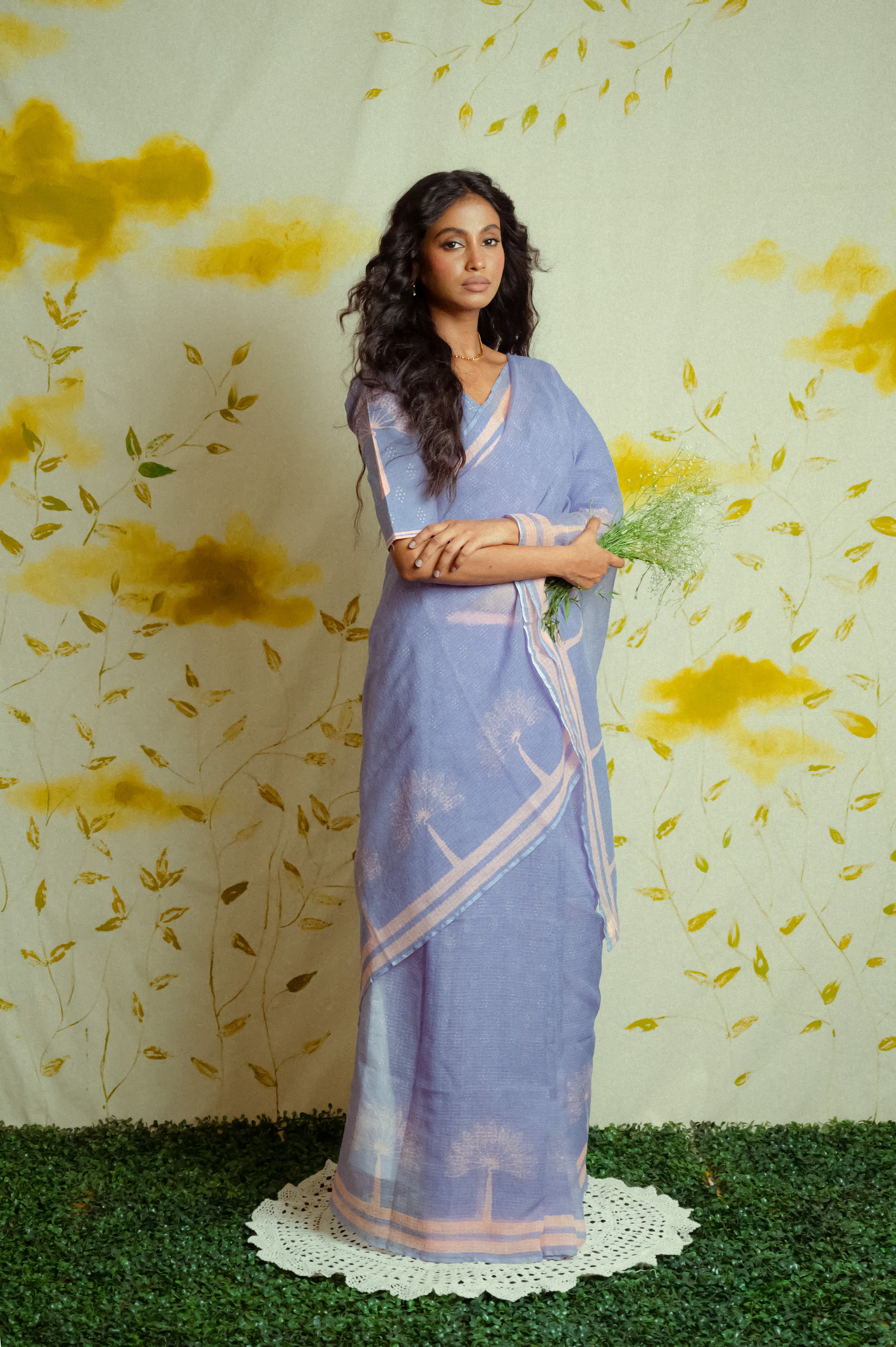 lavender Handwoven cotton printed kota saree with ready to wear cotton printed blouse combo(Mahua + Gulnaar)