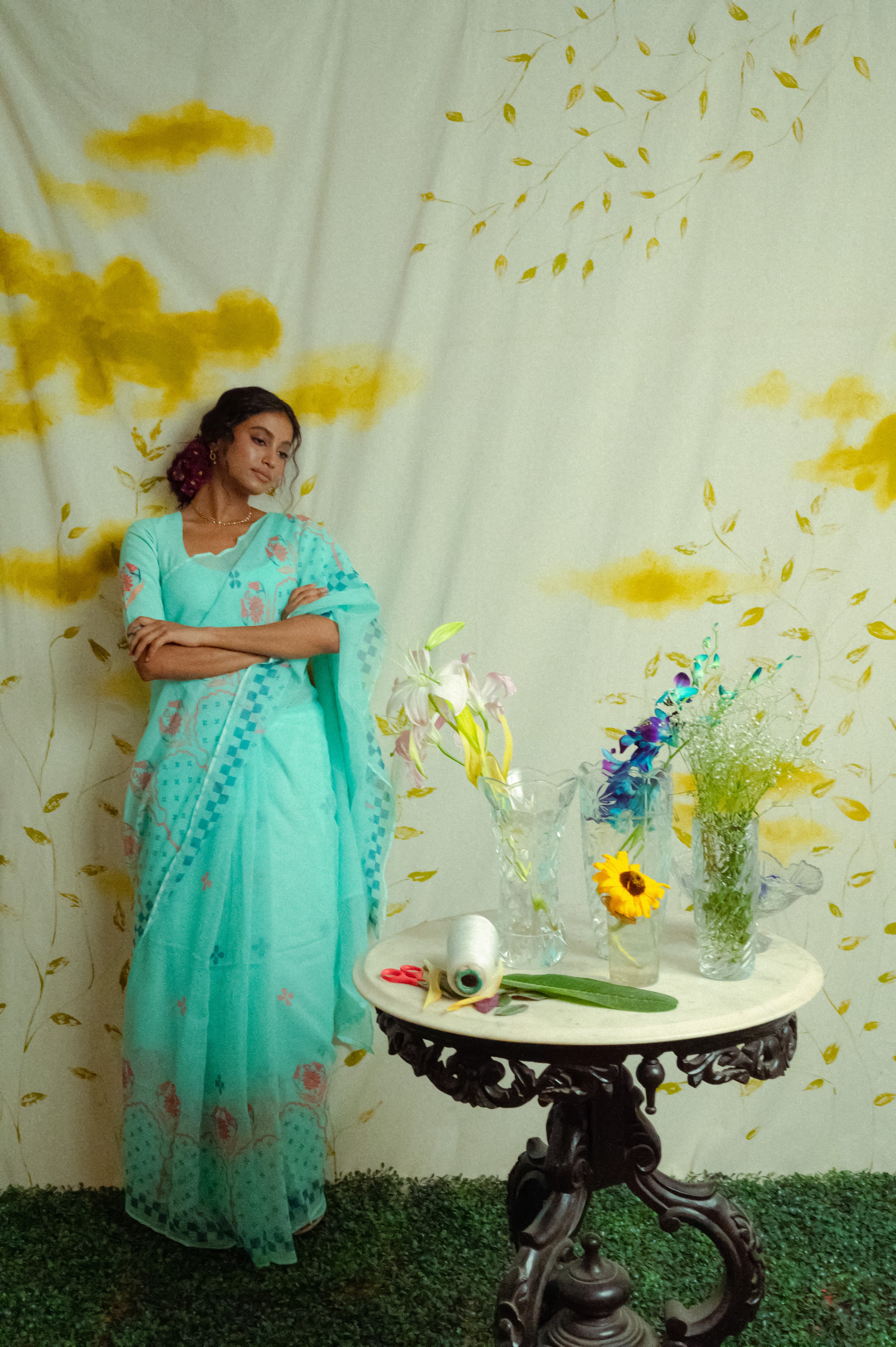 light blue Handwoven cotton printed kota saree with ready to wear cotton printed blouse combo(Neelam + Puspita)