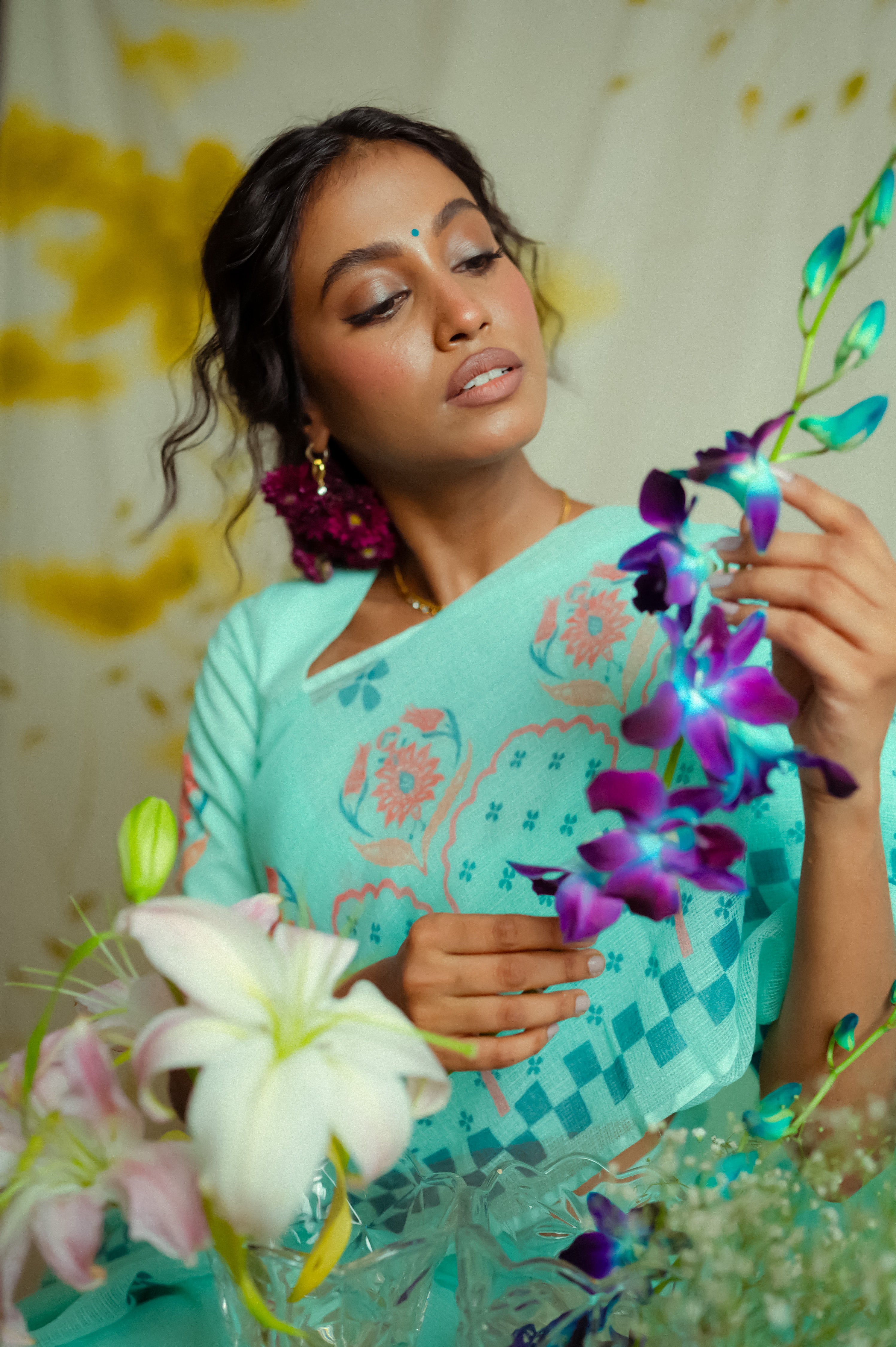 light blue Handwoven cotton printed kota saree with ready to wear cotton printed blouse combo(Neelam + Puspita)
