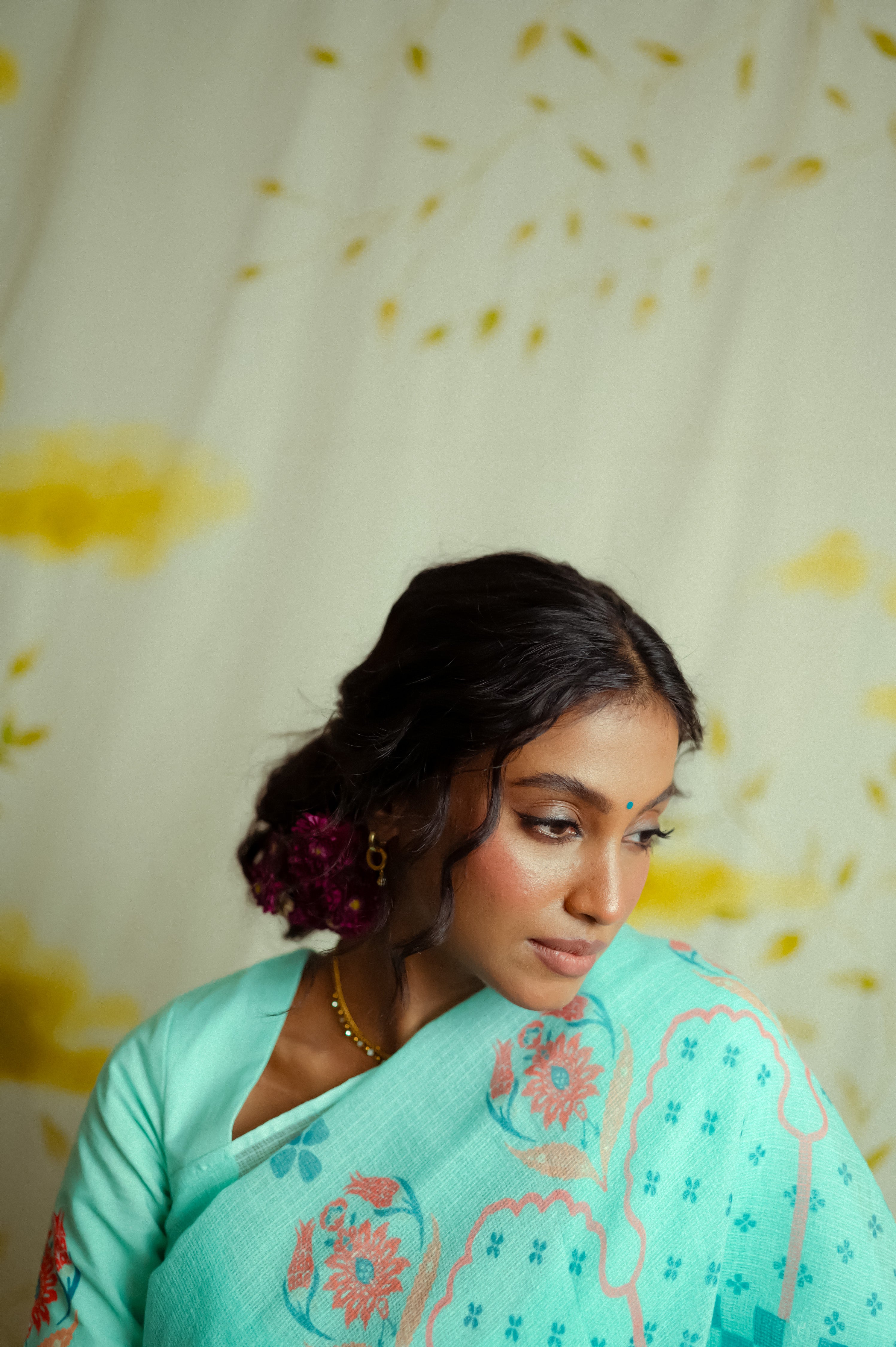 light blue Handwoven cotton printed kota saree with ready to wear cotton printed blouse combo(Neelam + Puspita)