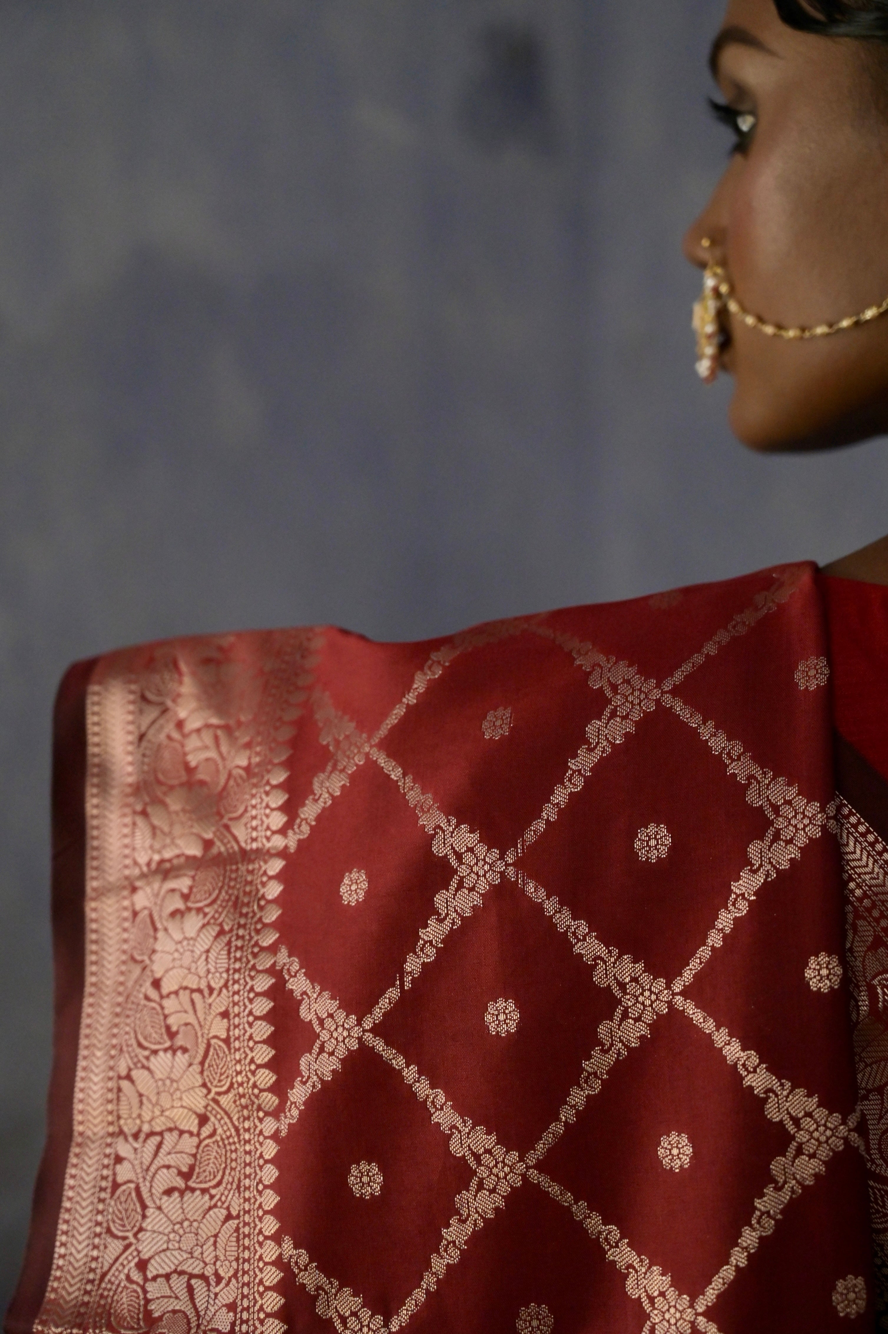 Taruja I Red Handloom silk Jaal Banarasi Saree with floral Zari Border