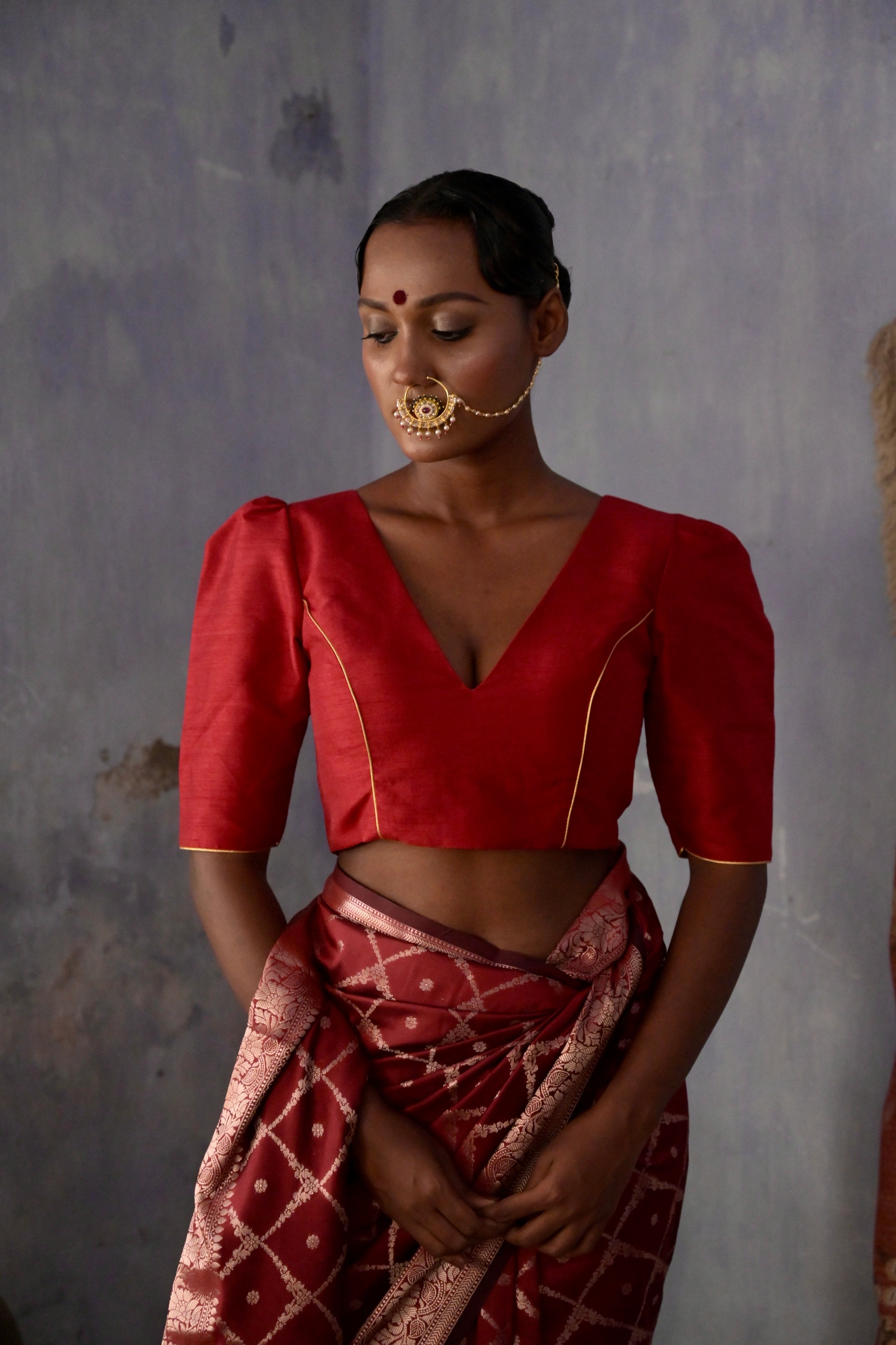 Neerja I Maroon Silk Blouse with V neckline