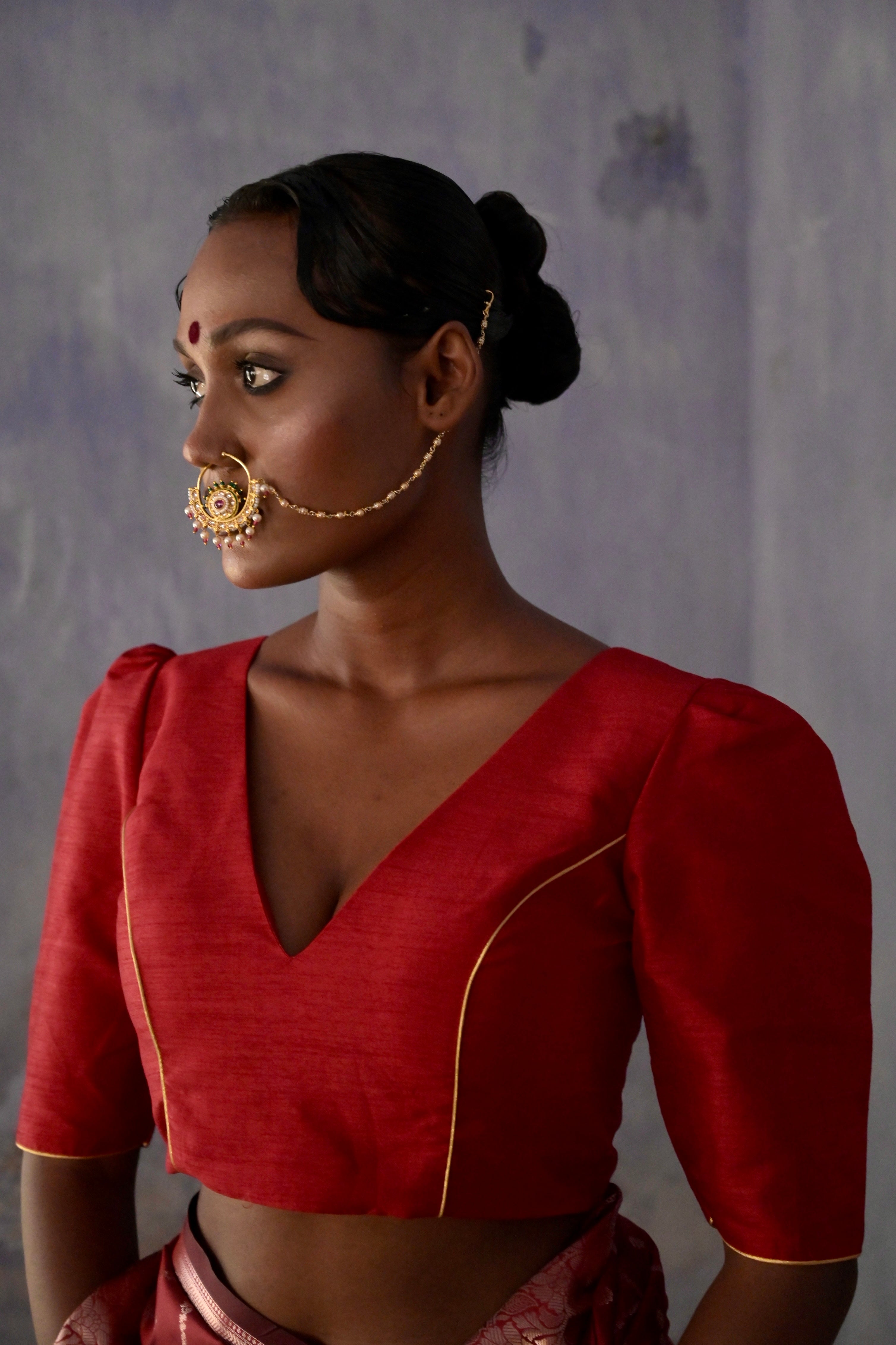 Neerja I Maroon Silk Blouse with V neckline