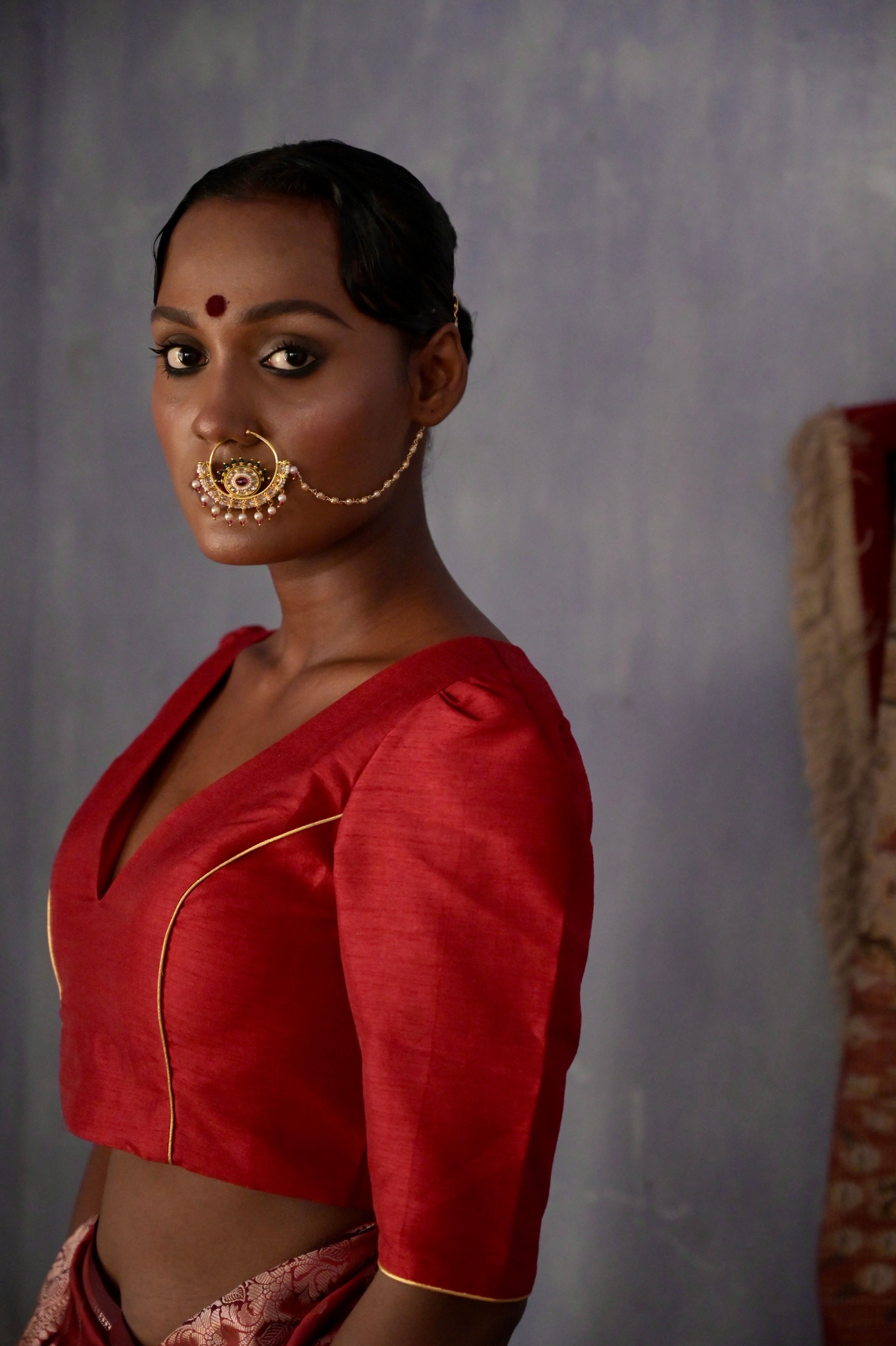 Neerja I Maroon Silk Blouse with V neckline