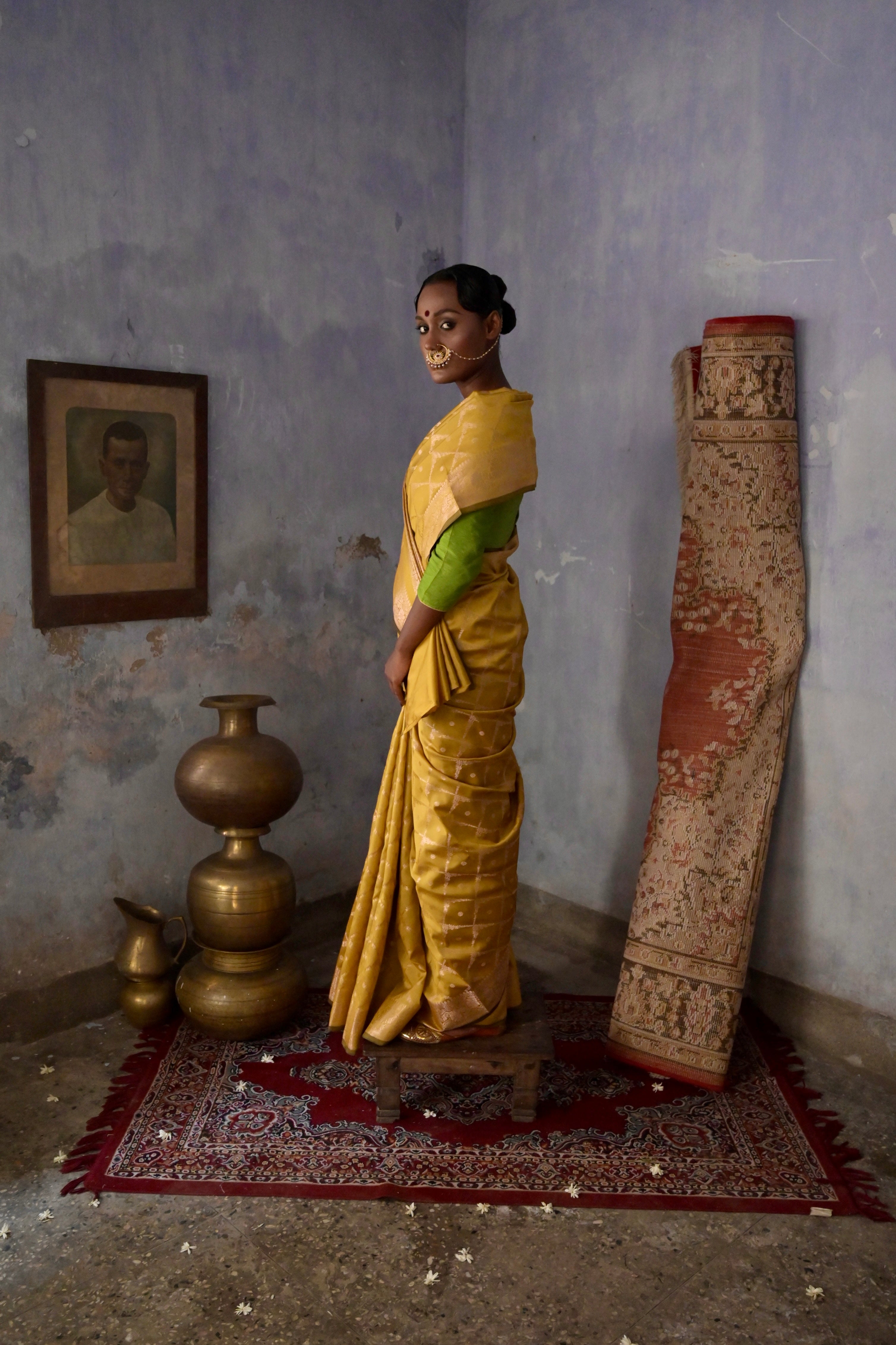 Zarban I mustard Handloom silk Jaal Banarasi Saree with floral Zari Border