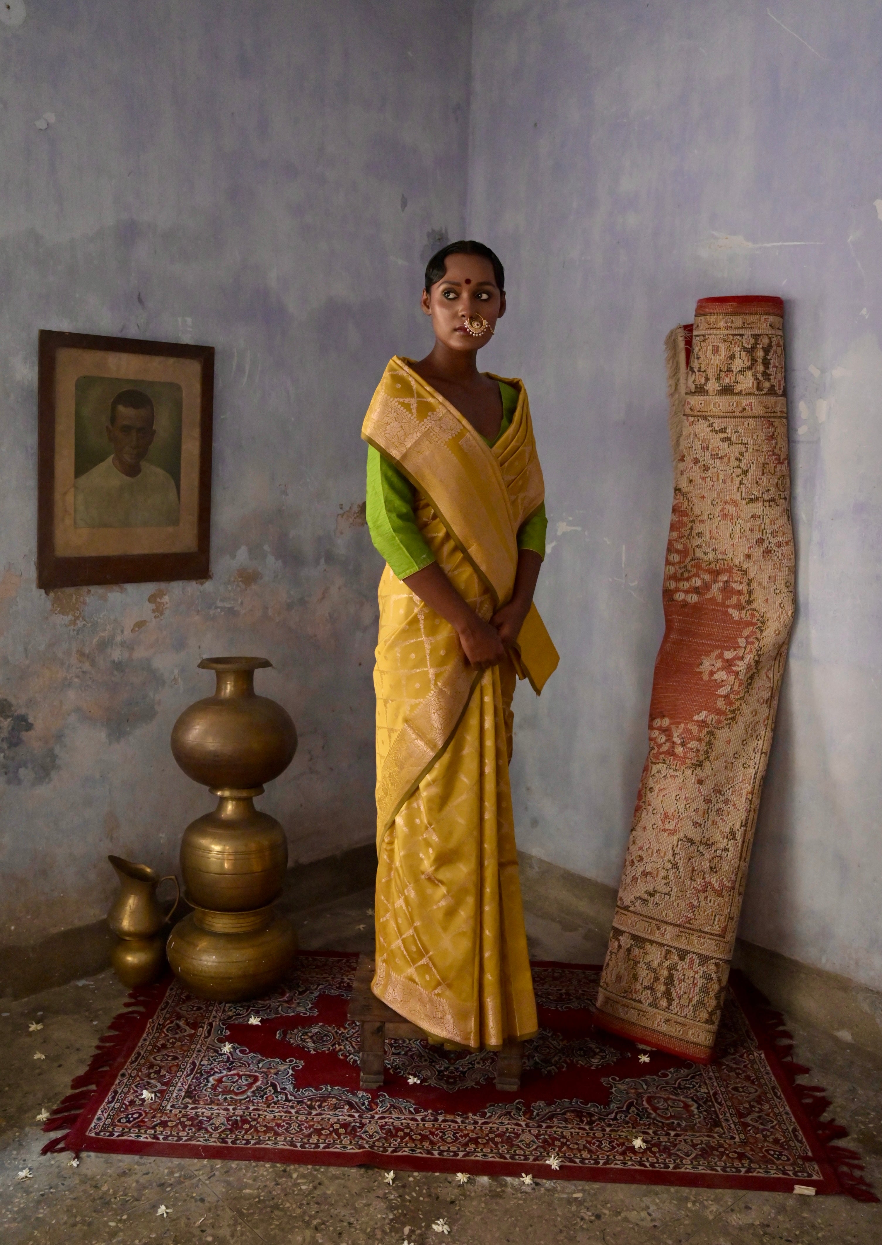 Zarban I mustard Handloom silk Jaal Banarasi Saree with floral Zari Border