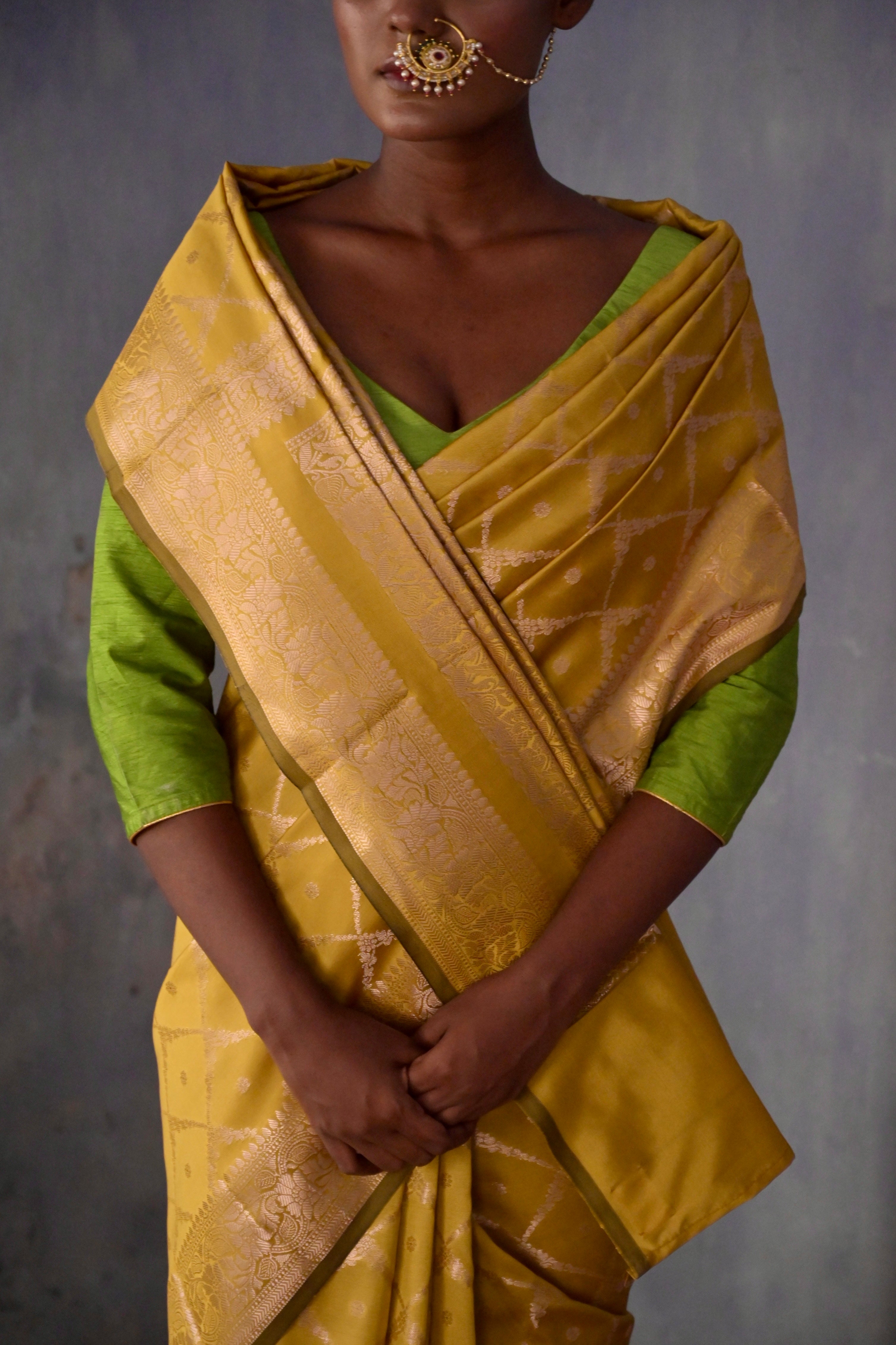 Zarban I mustard Handloom silk Jaal Banarasi Saree with floral Zari Border
