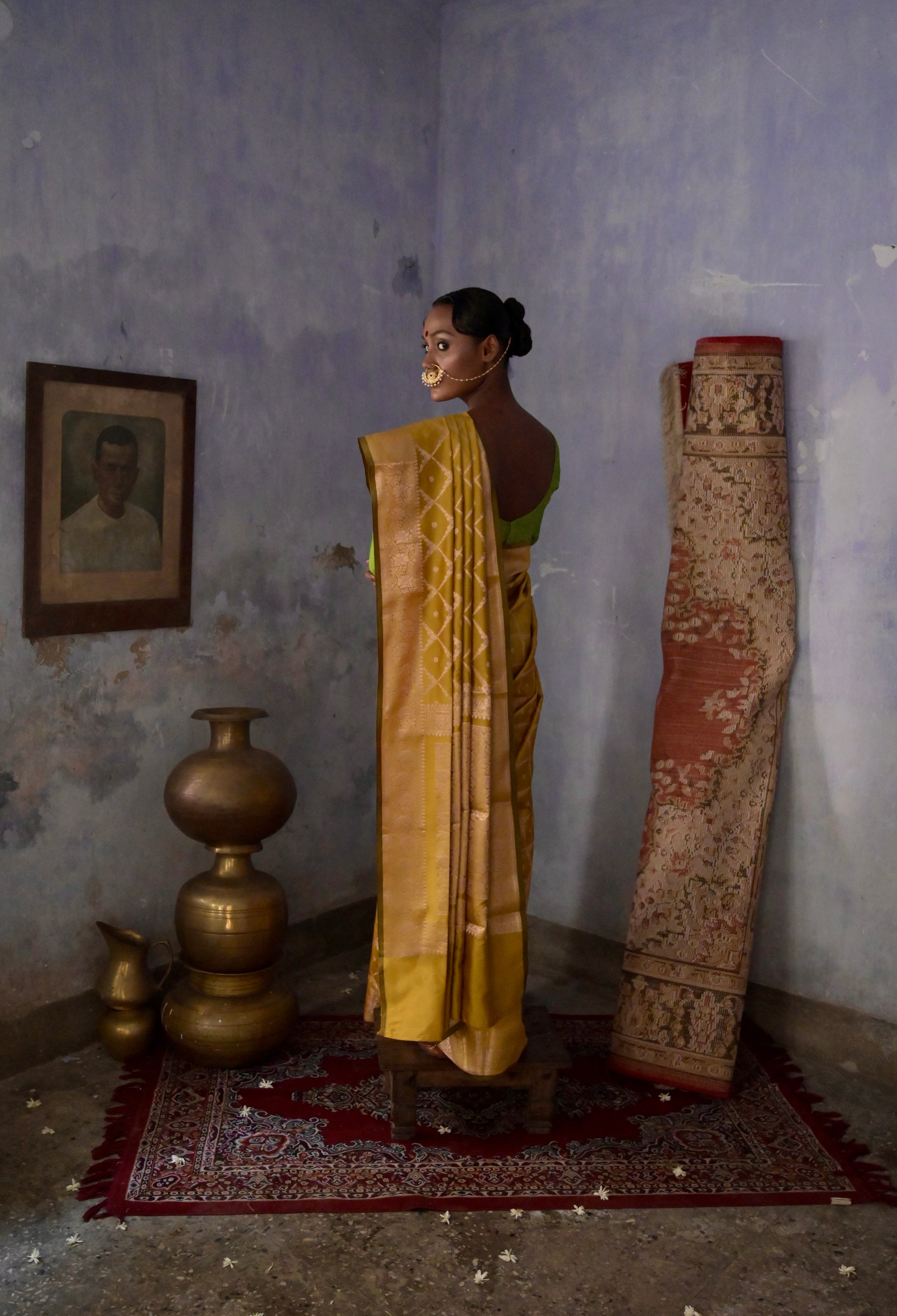 Zarban I mustard Handloom silk Jaal Banarasi Saree with floral Zari Border