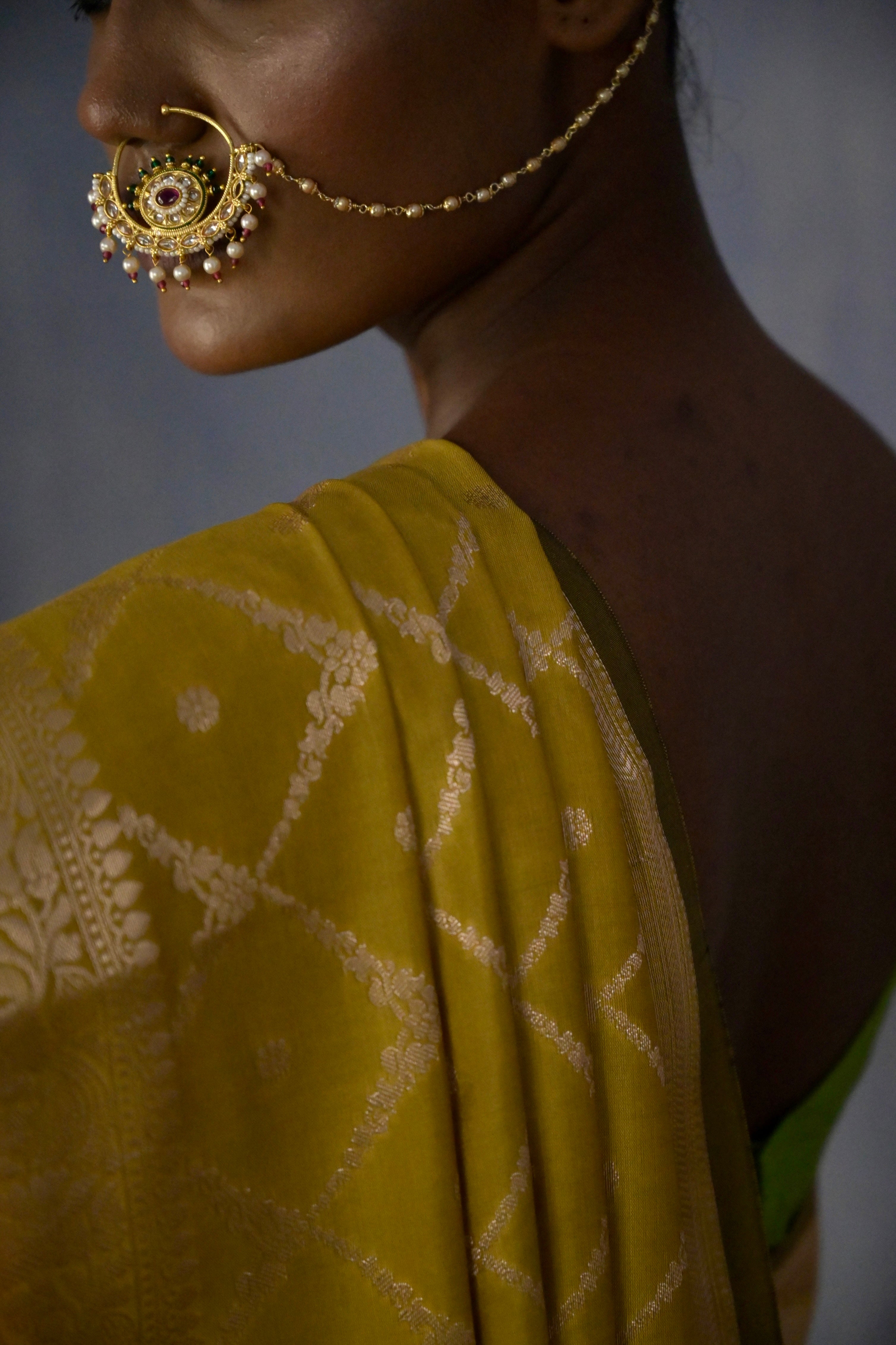 Zarban I mustard Handloom silk Jaal Banarasi Saree with floral Zari Border