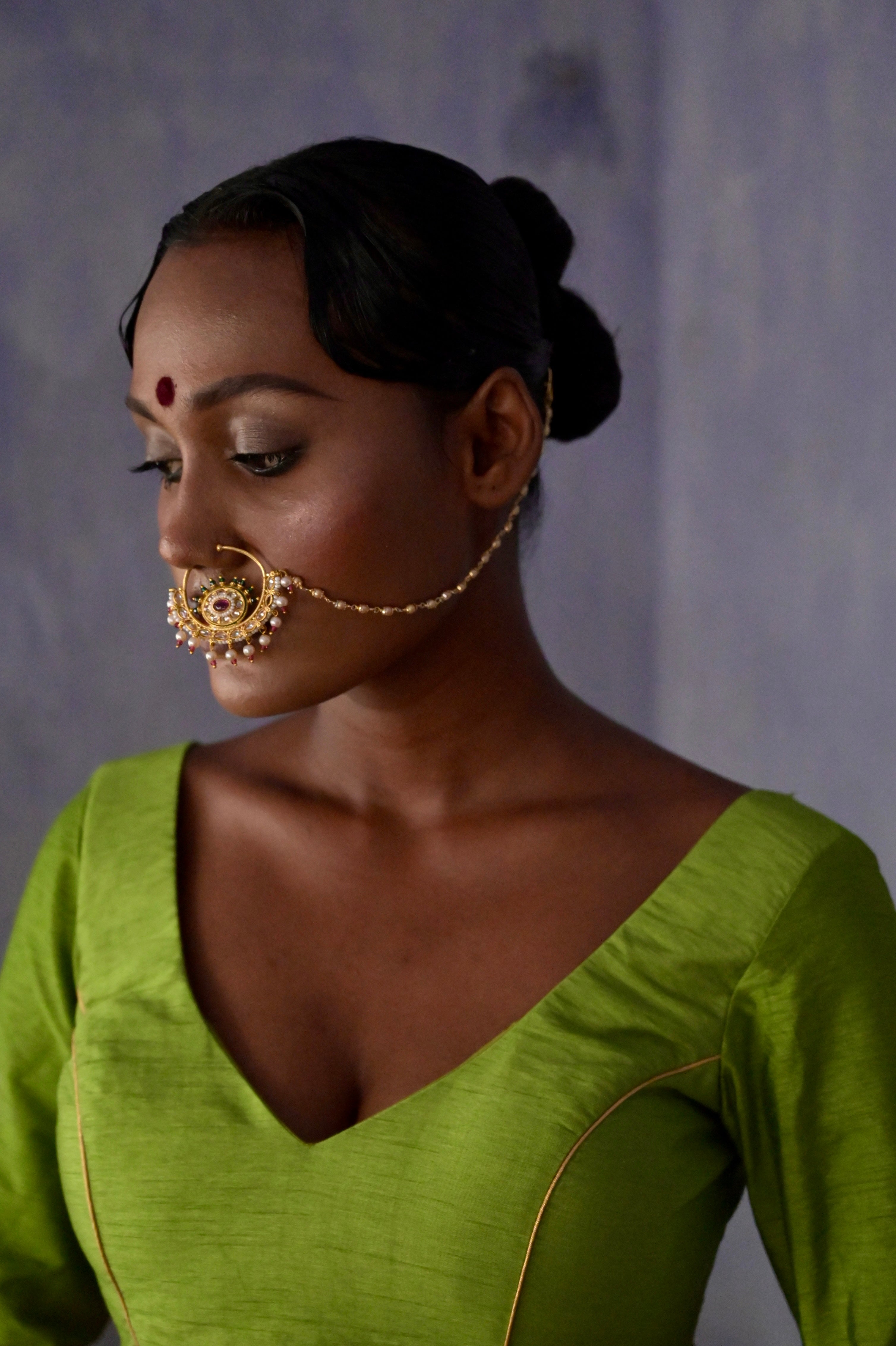 Tithi I Parrot green Silk Blouse with V neckline