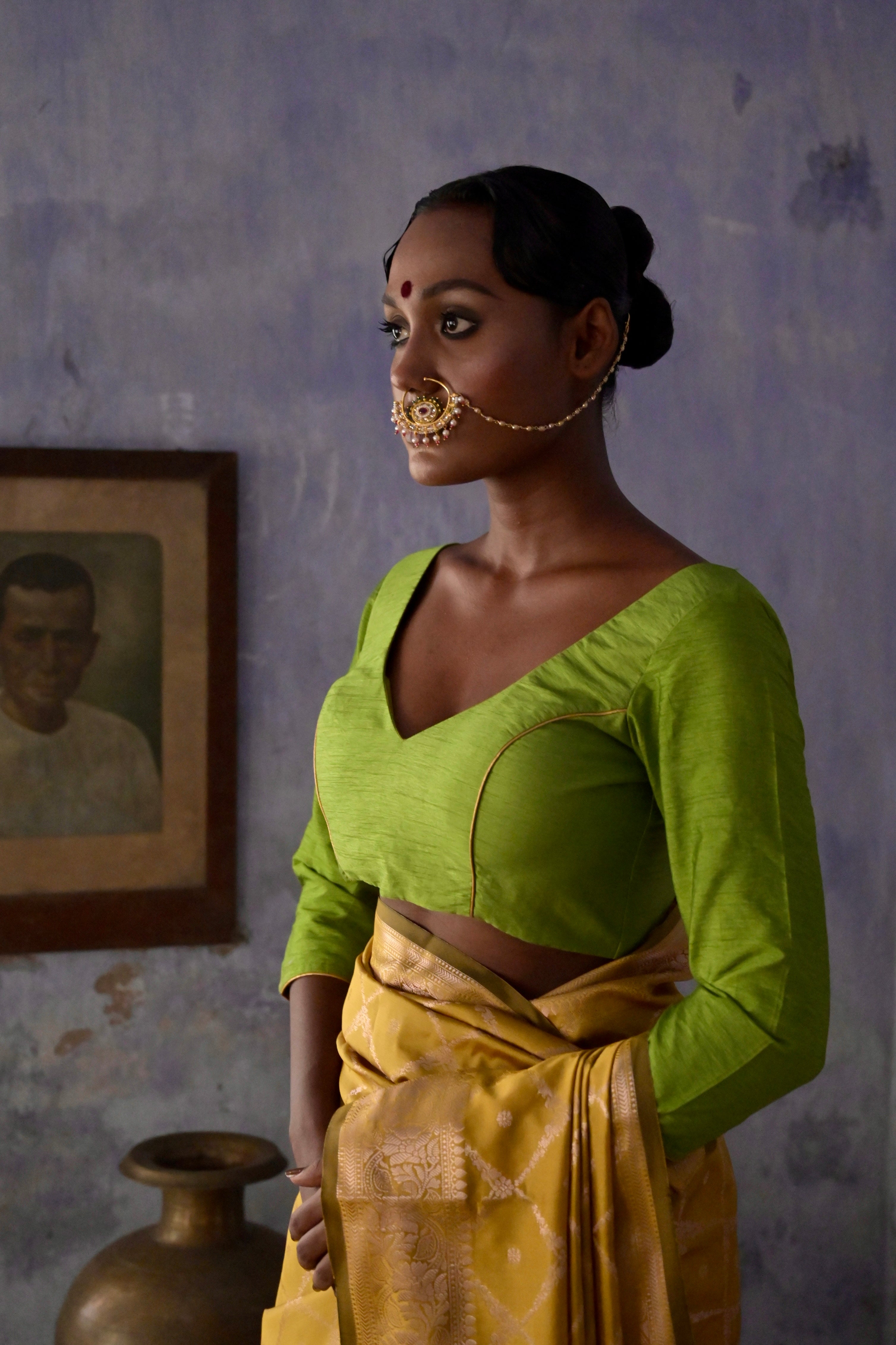 Tithi I Parrot green Silk Blouse with V neckline