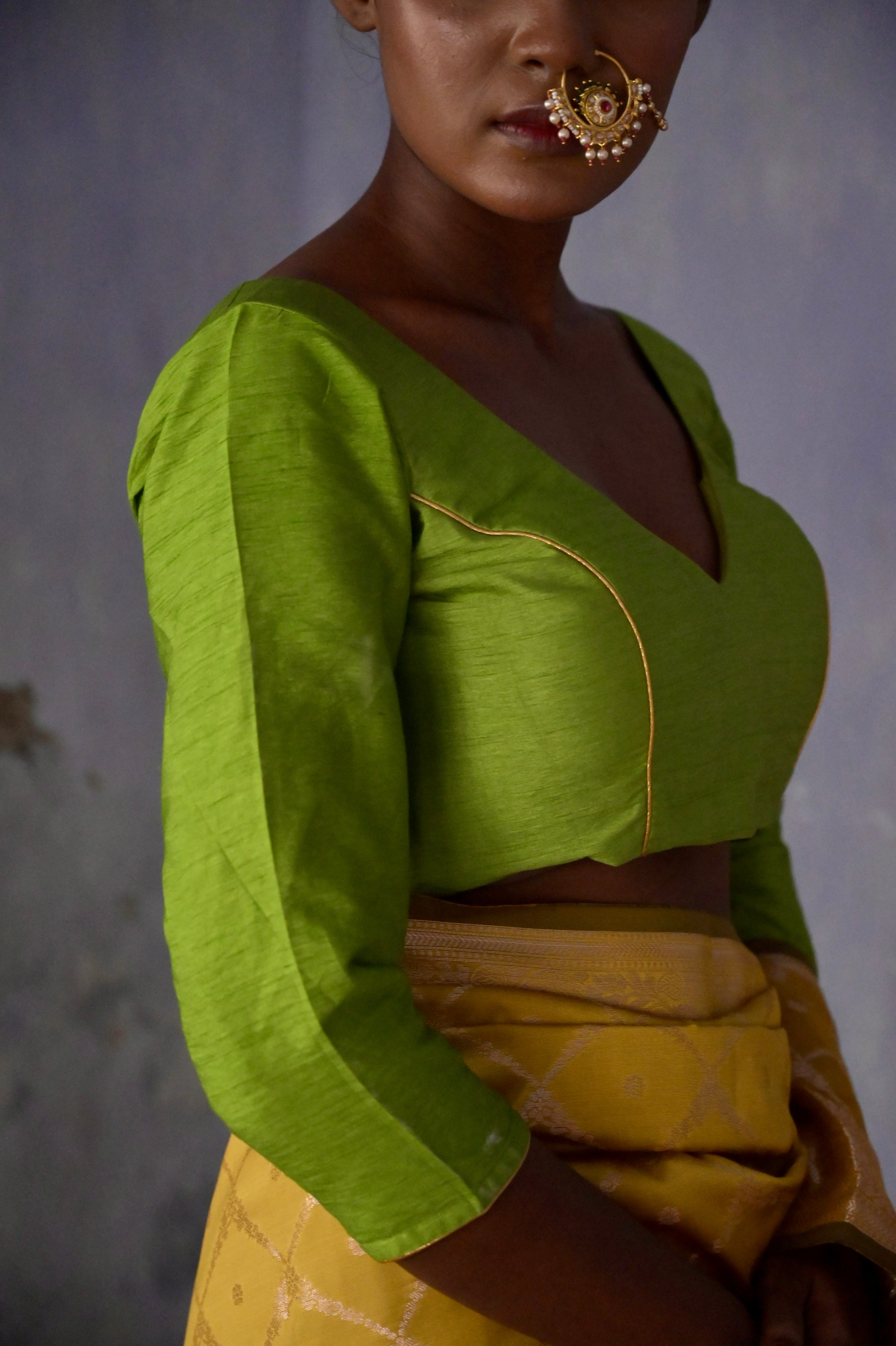 Tithi I Parrot green Silk Blouse with V neckline
