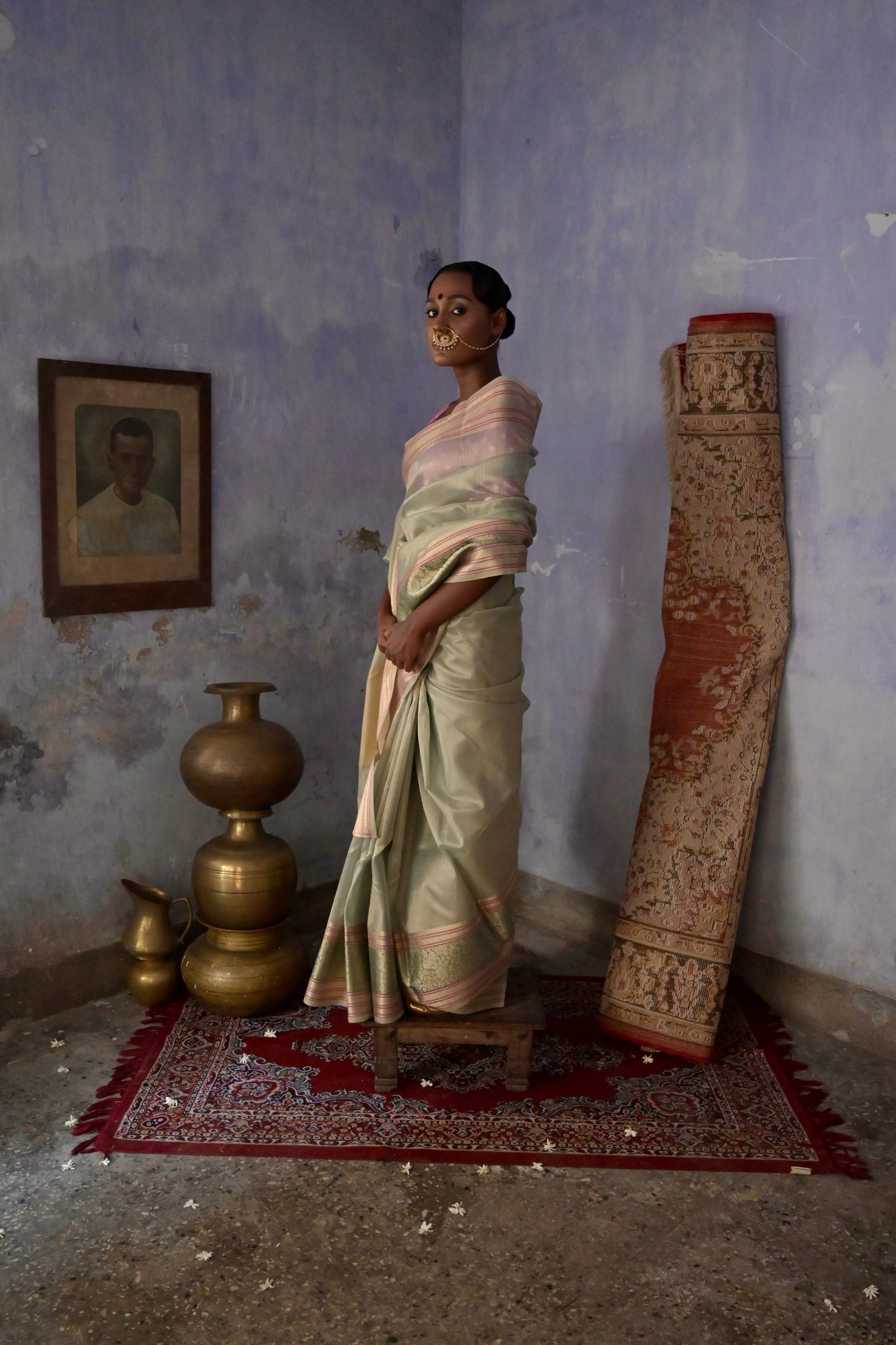Anandi I Pastel Blue Handloom Kota Banarasi Saree with floral Zari Border