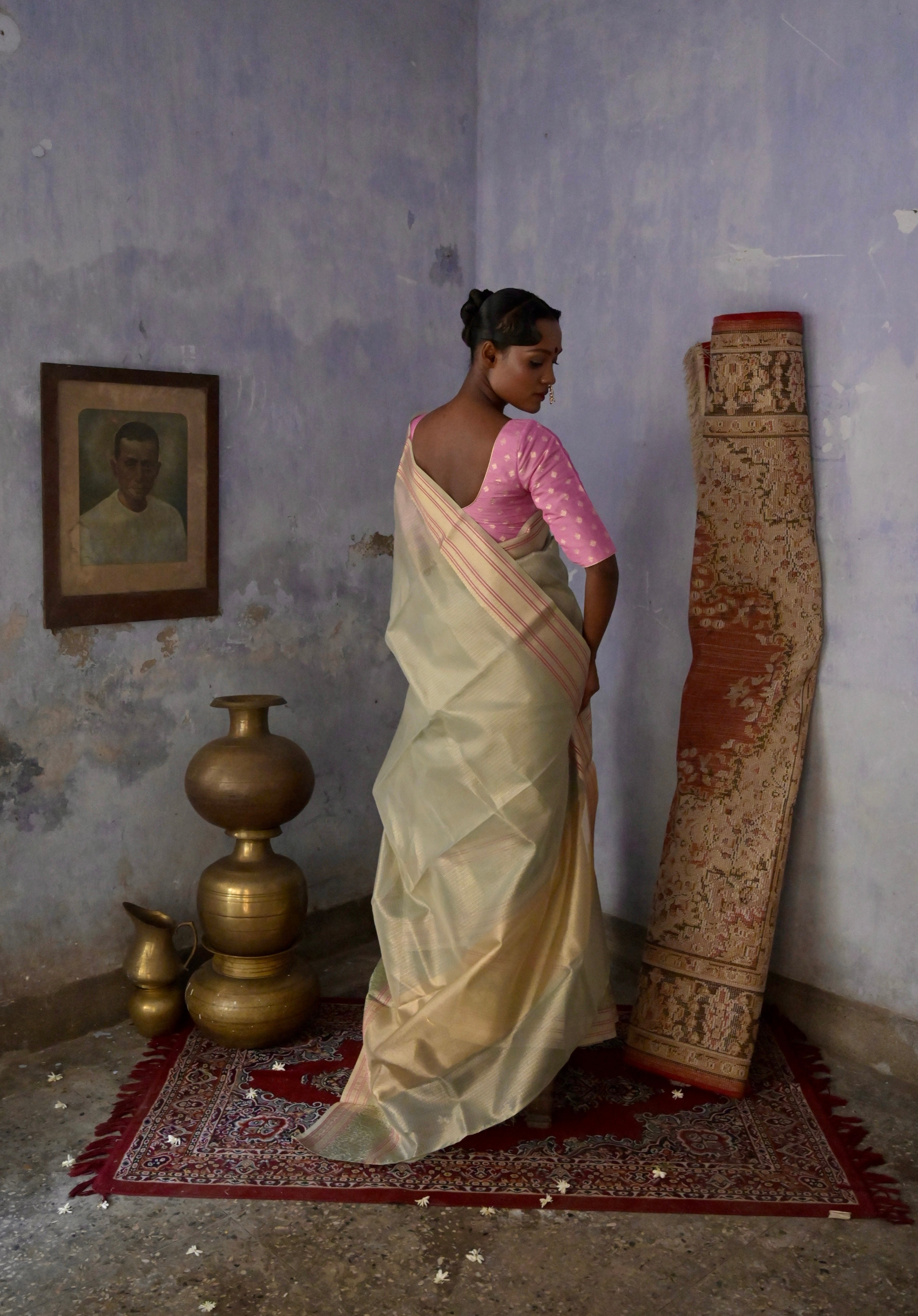 Anandi I Pastel Blue Handloom Kota Banarasi Saree with floral Zari Border