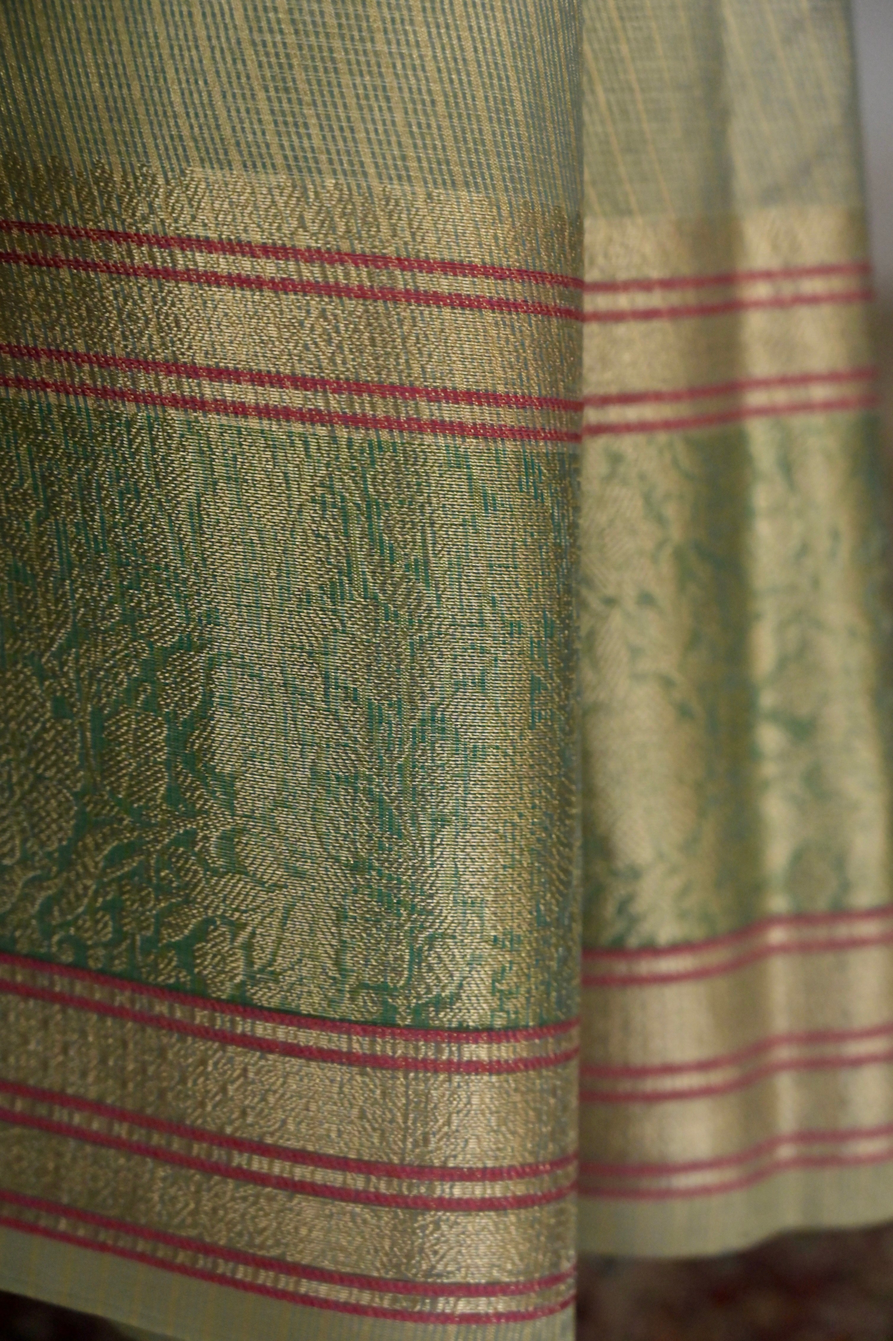 Anandi I Pastel Blue Handloom Kota Banarasi Saree with floral Zari Border