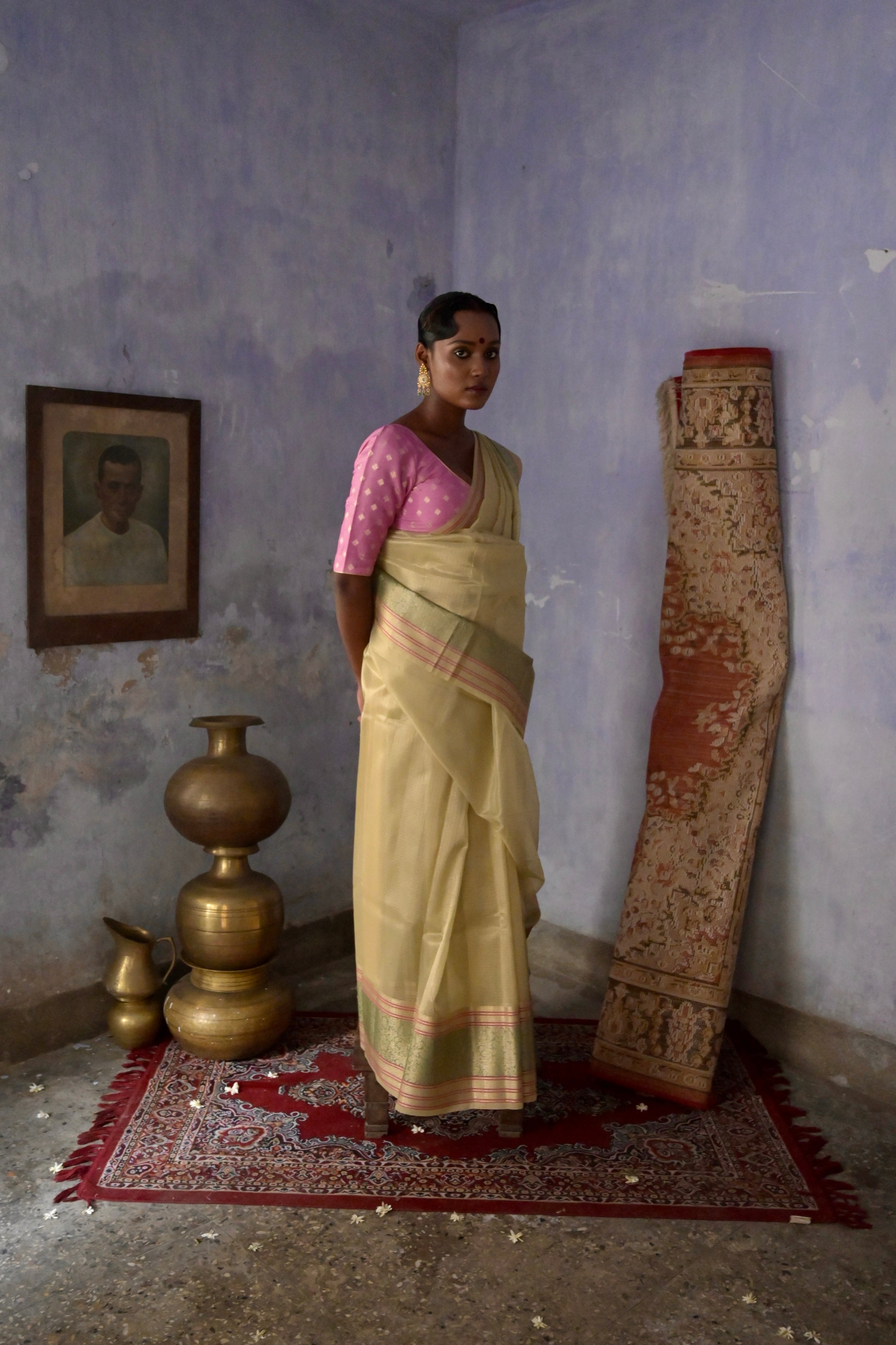 Rangat I Pastel green Handloom Kota Banarasi Saree with floral Zari Border