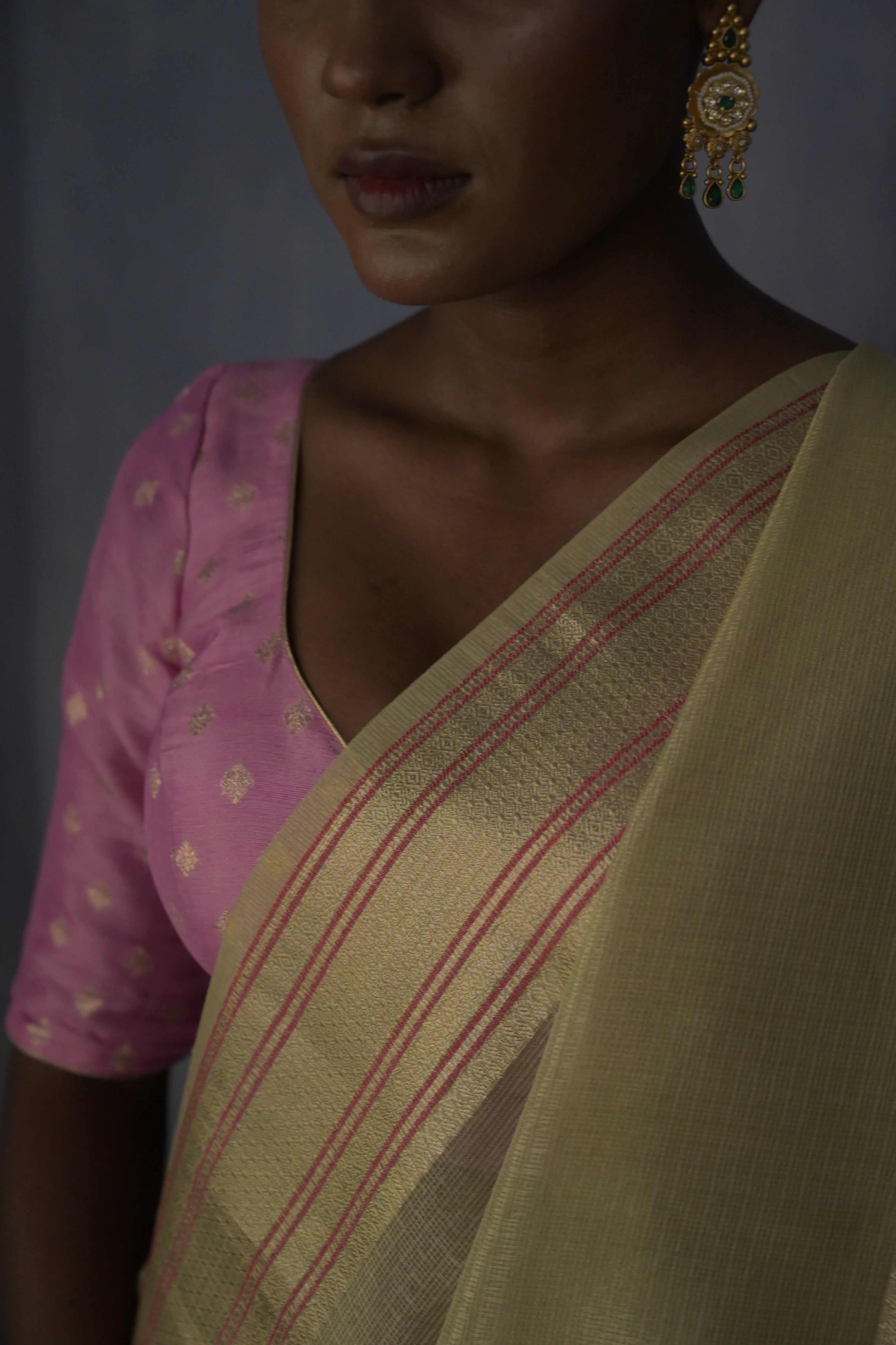 Rangat I Pastel green Handloom Kota Banarasi Saree with floral Zari Border
