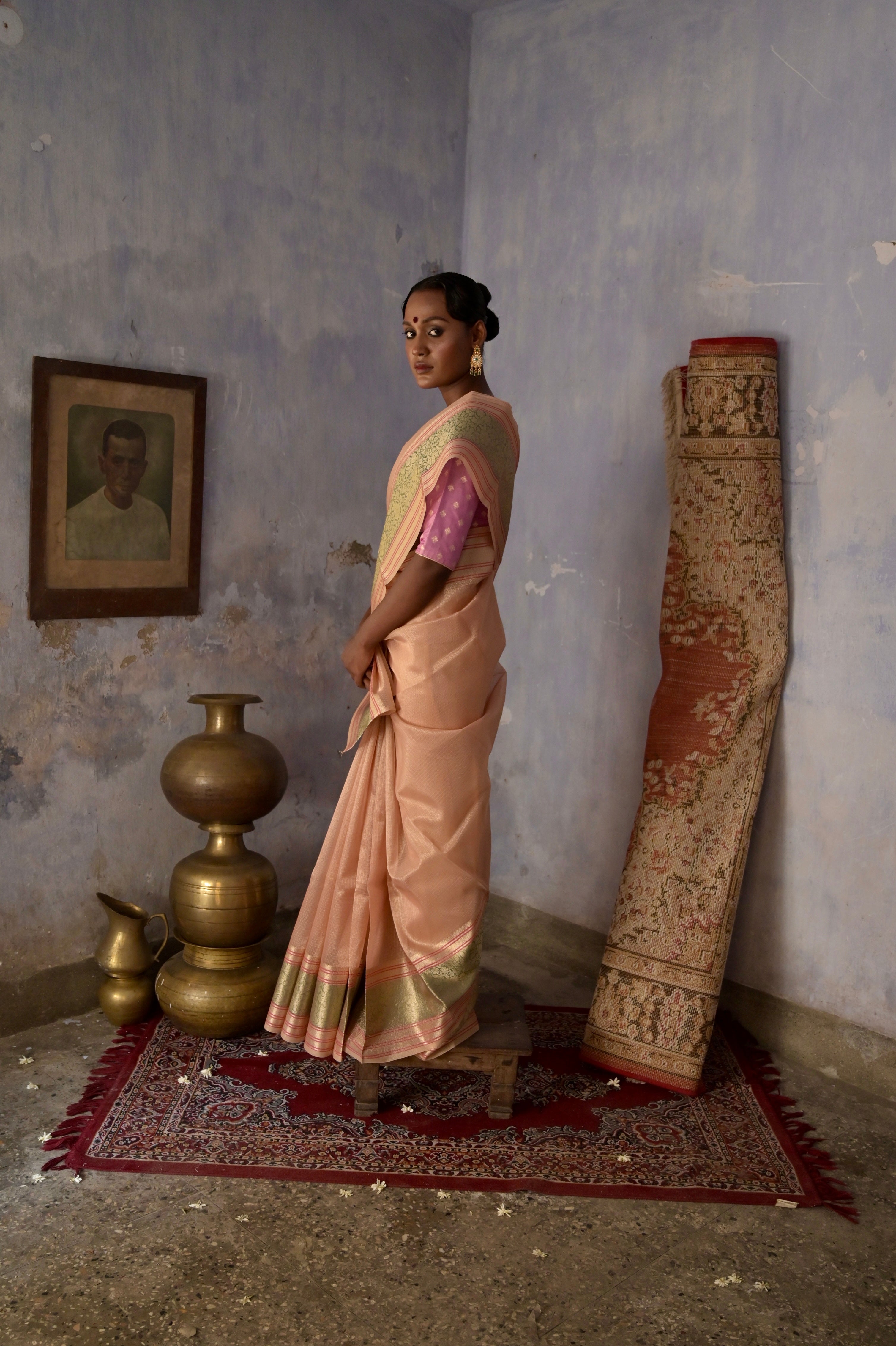Saanjh I Peach Handloom Kota Banarasi Saree with floral Zari Border