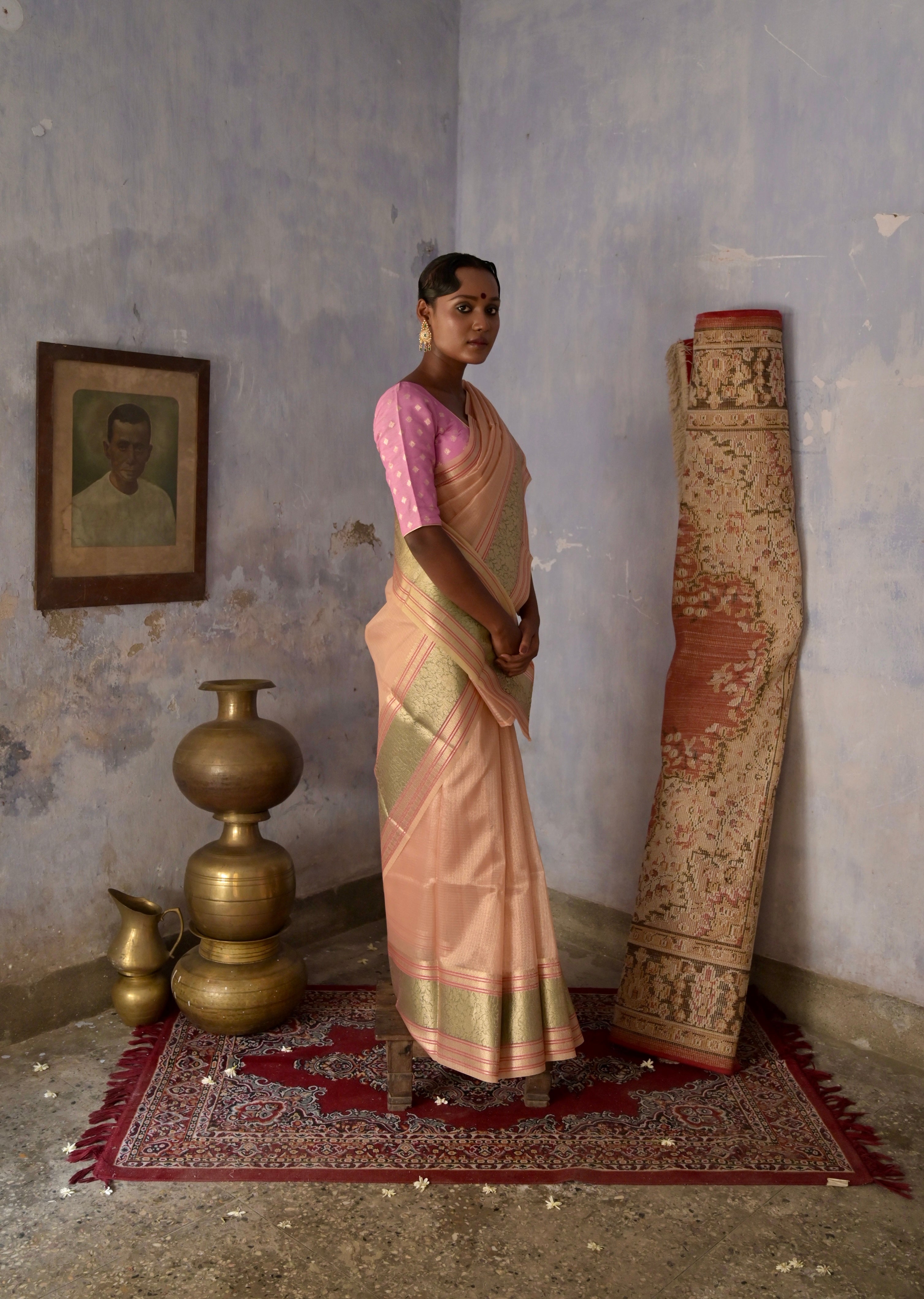 Saanjh I Peach Handloom Kota Banarasi Saree with floral Zari Border