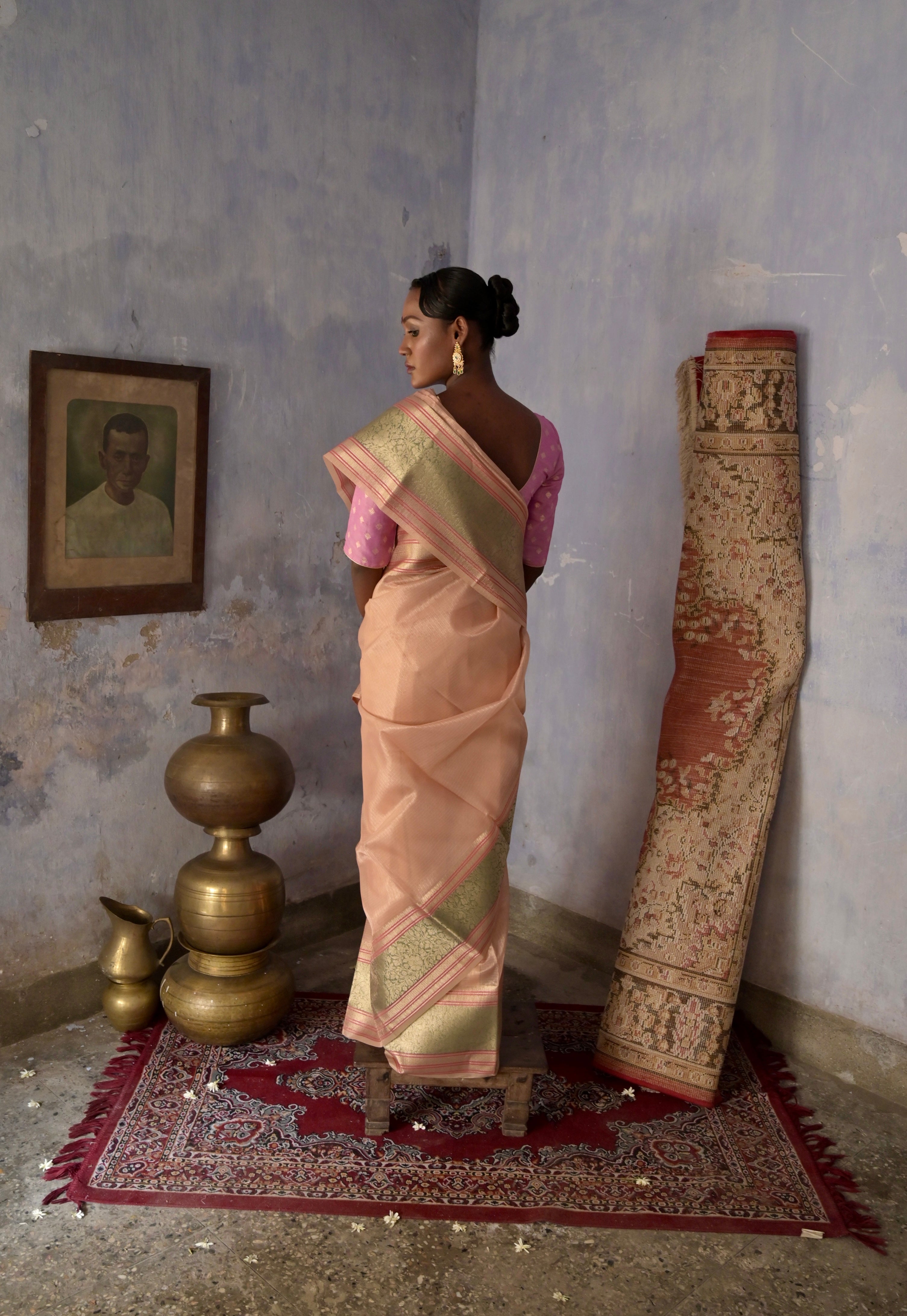 Saanjh I Peach Handloom Kota Banarasi Saree with floral Zari Border