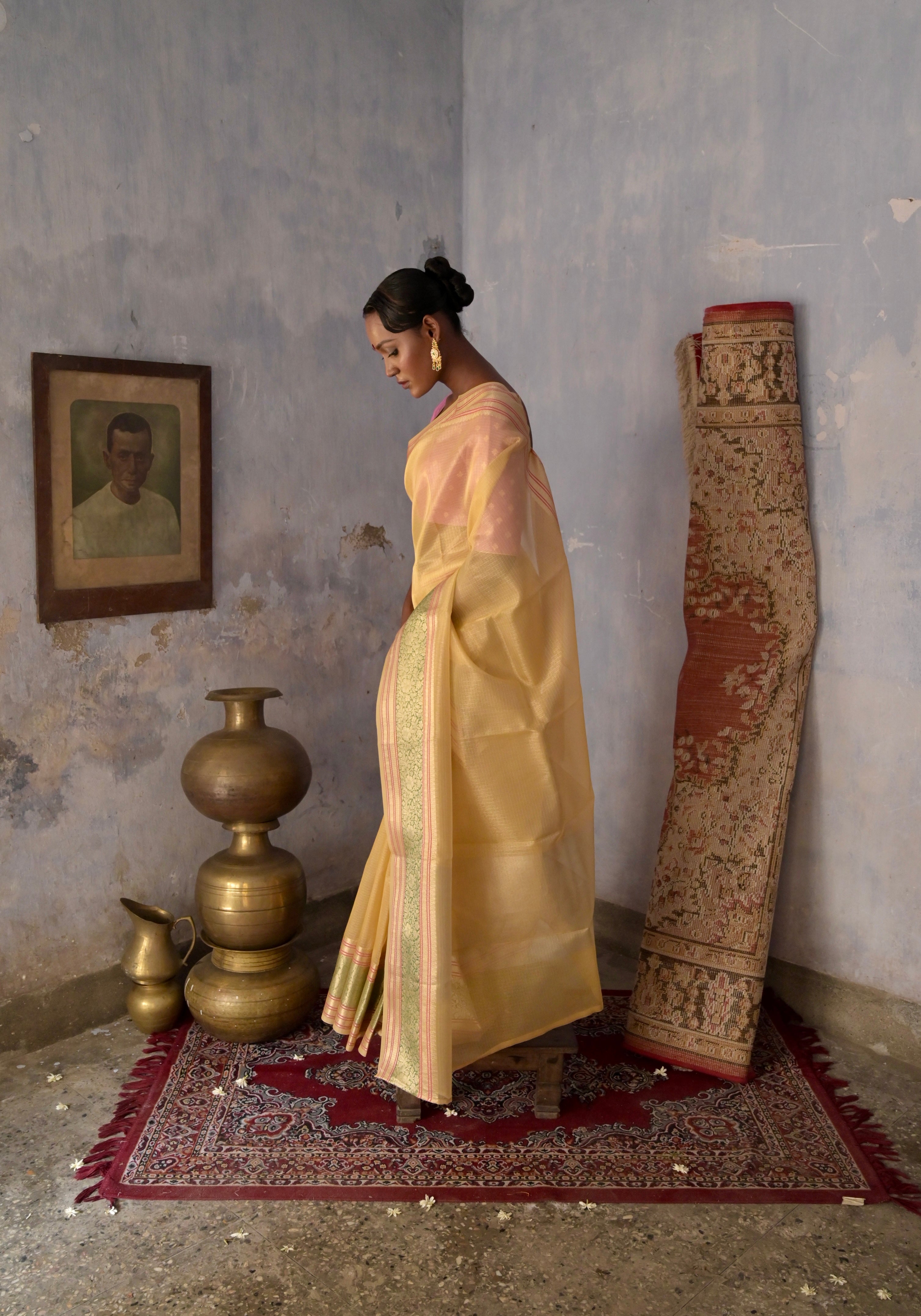Gulzar-e-Banaras I Golden Yellow Handloom Kota Banarasi Saree with floral Zari Border