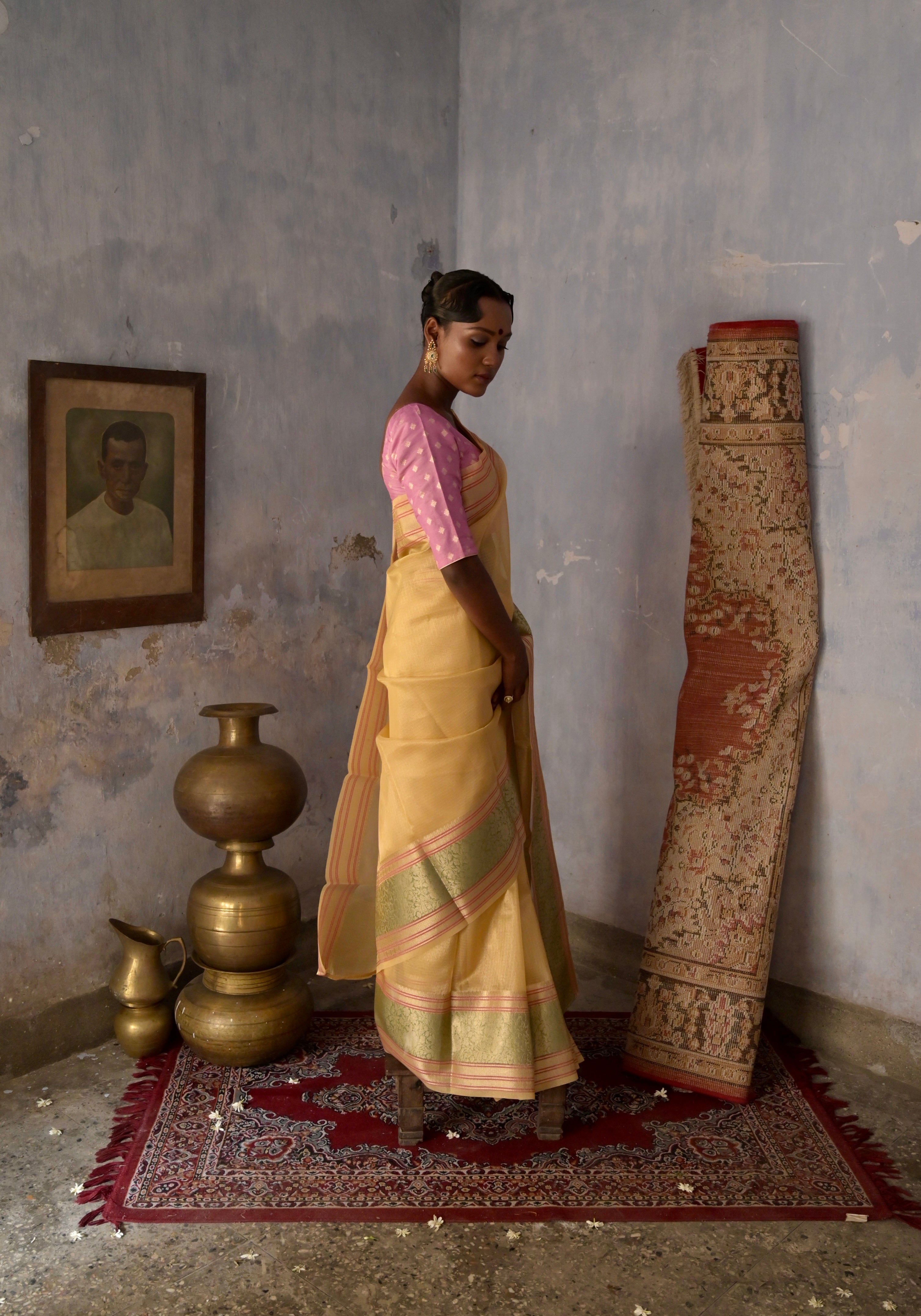Gulzar-e-Banaras I Golden Yellow Handloom Kota Banarasi Saree with floral Zari Border