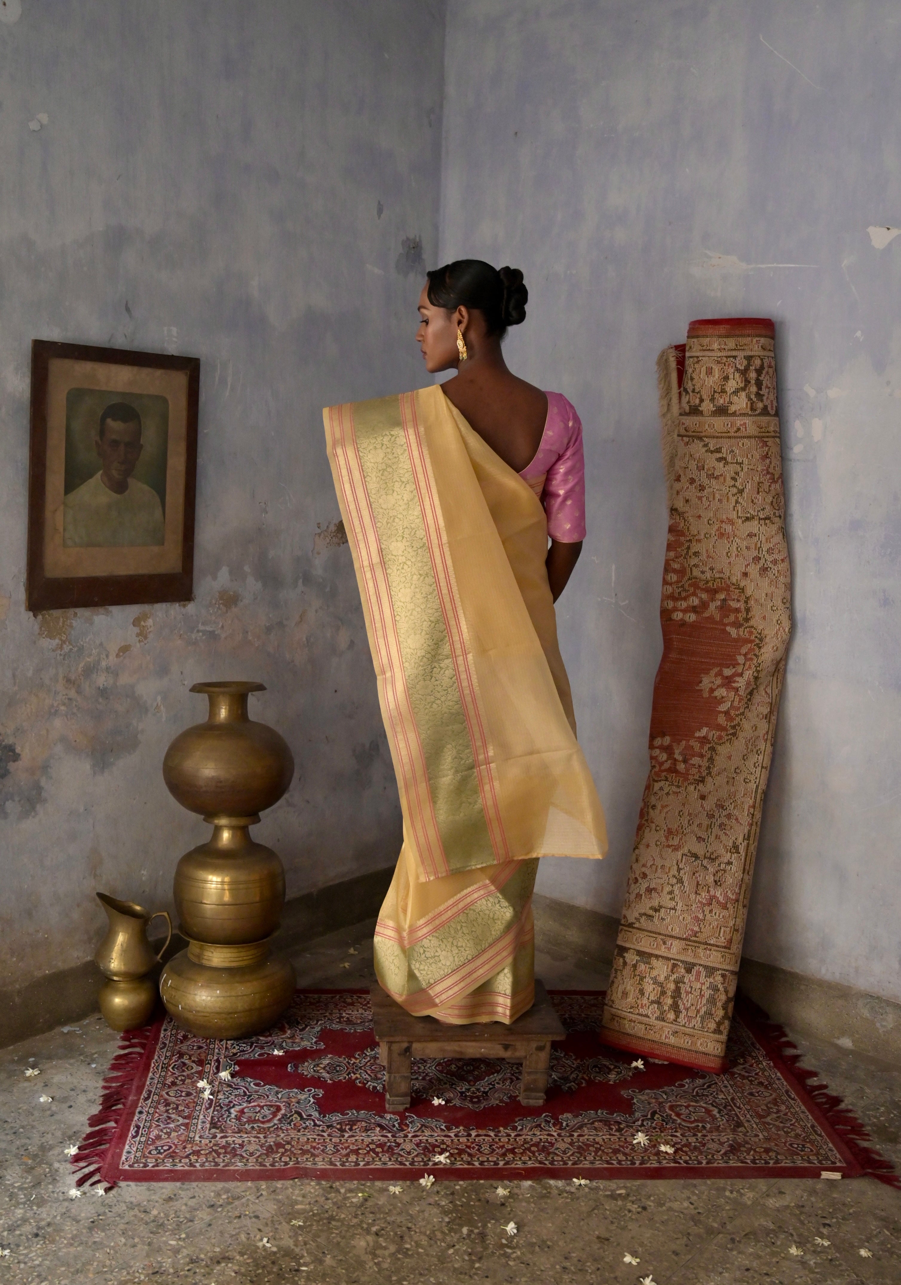 Gulzar-e-Banaras I Golden Yellow Handloom Kota Banarasi Saree with floral Zari Border
