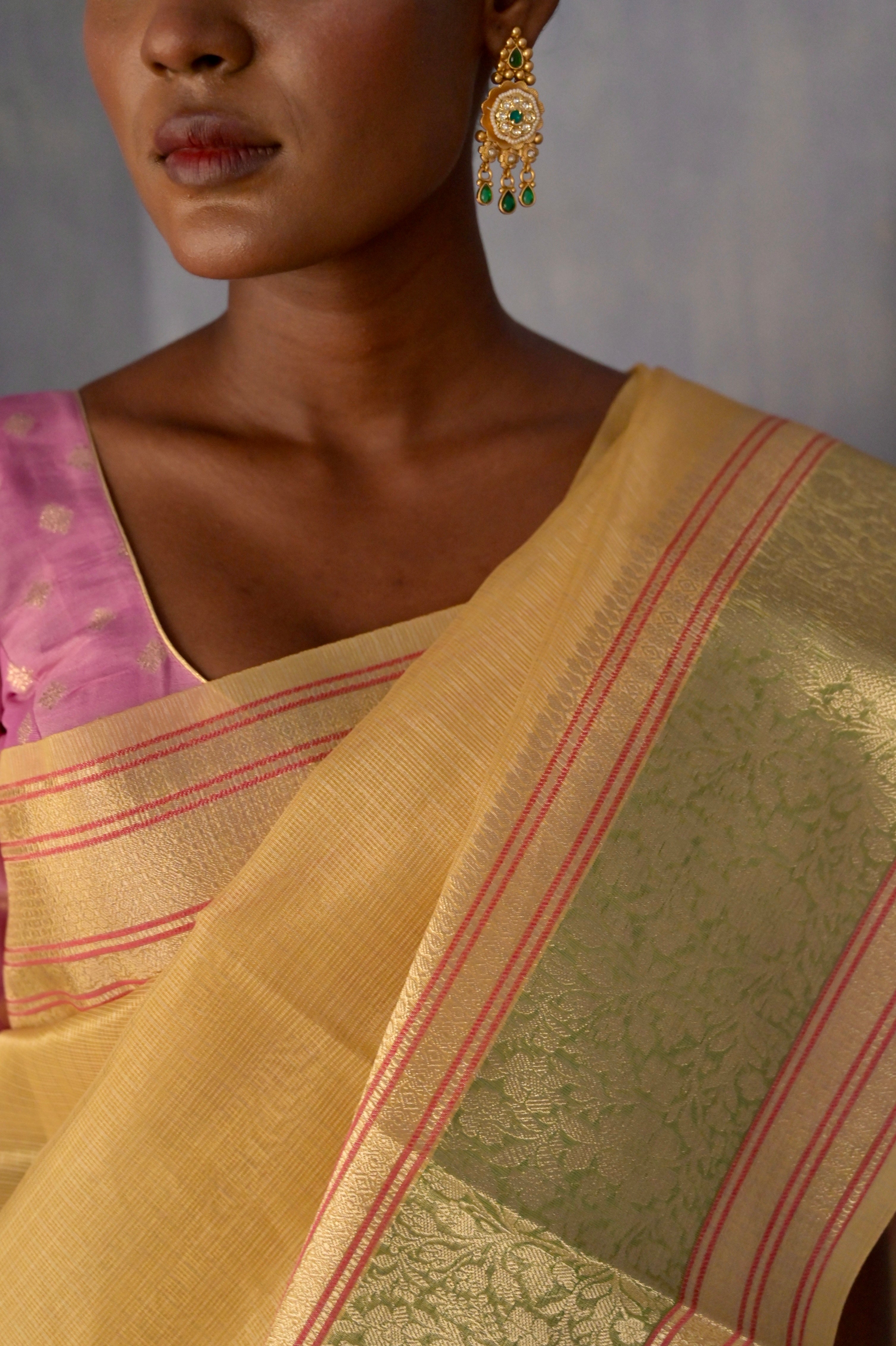 Gulzar-e-Banaras I Golden Yellow Handloom Kota Banarasi Saree with floral Zari Border