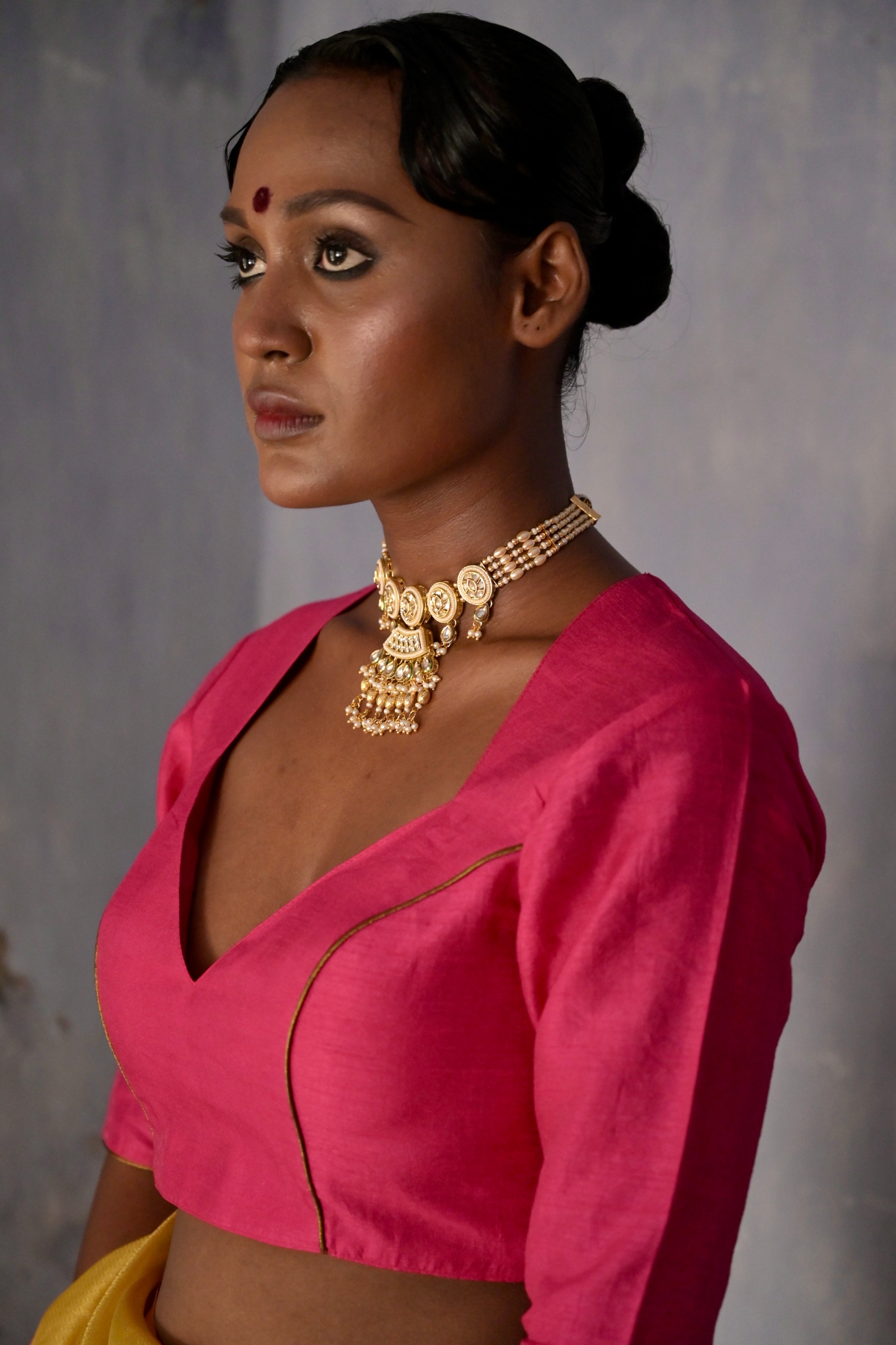 Raagmala I Pink silk blouse with sweetheart neckline