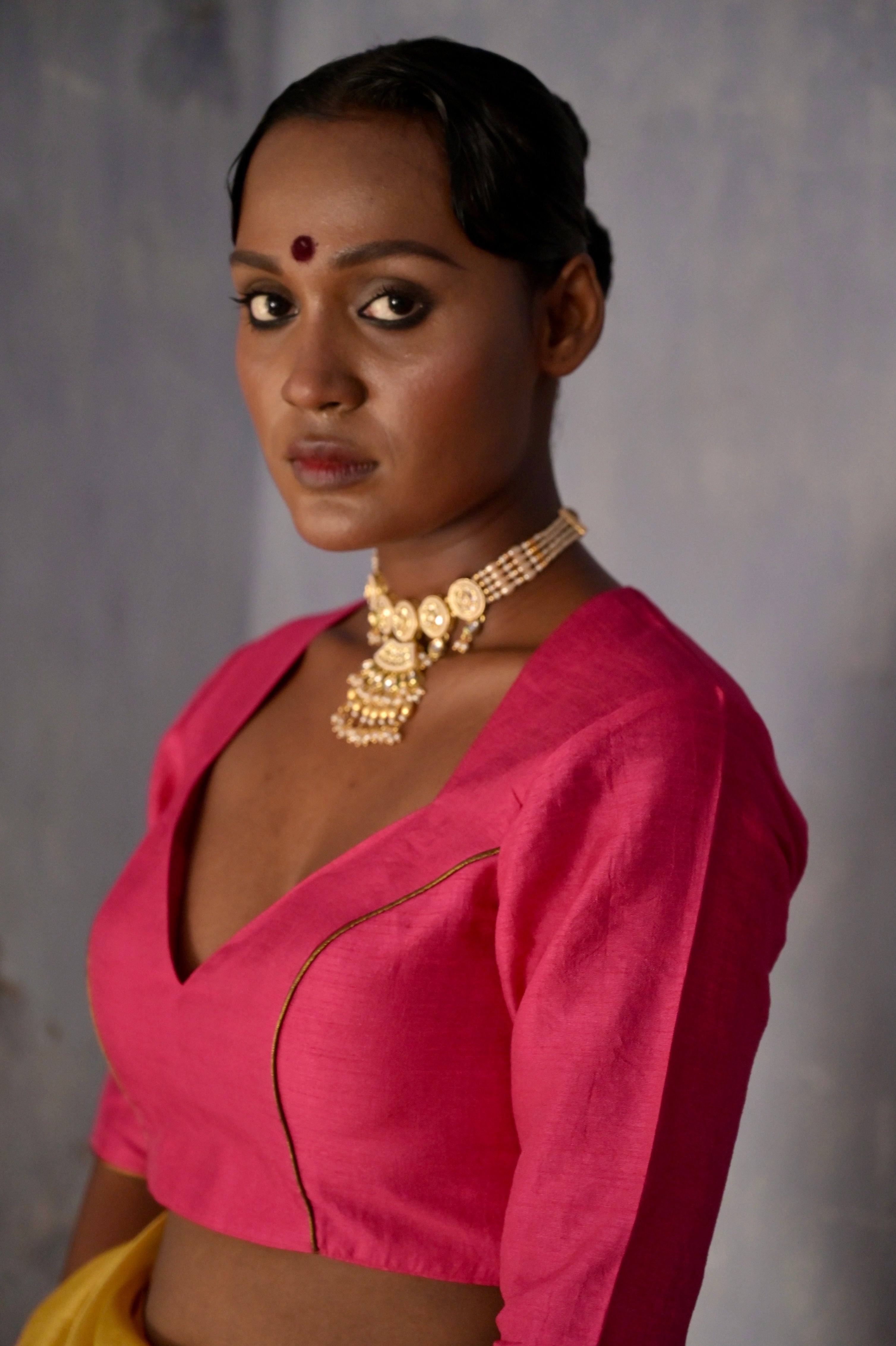 Raagmala I Pink silk blouse with sweetheart neckline