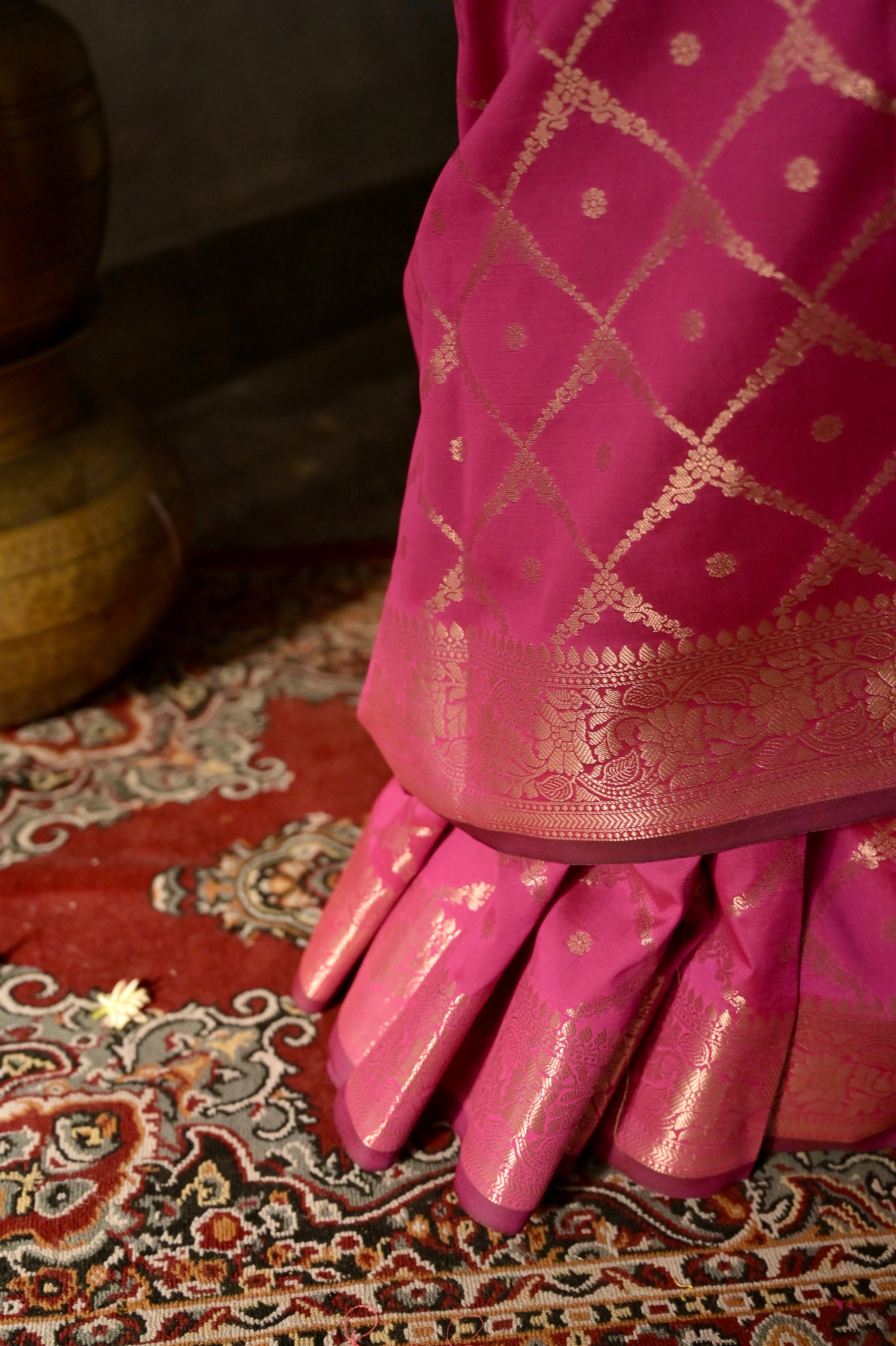 Niyara I Rani pink Handloom silk Jaal Banarasi Saree with floral Zari Border