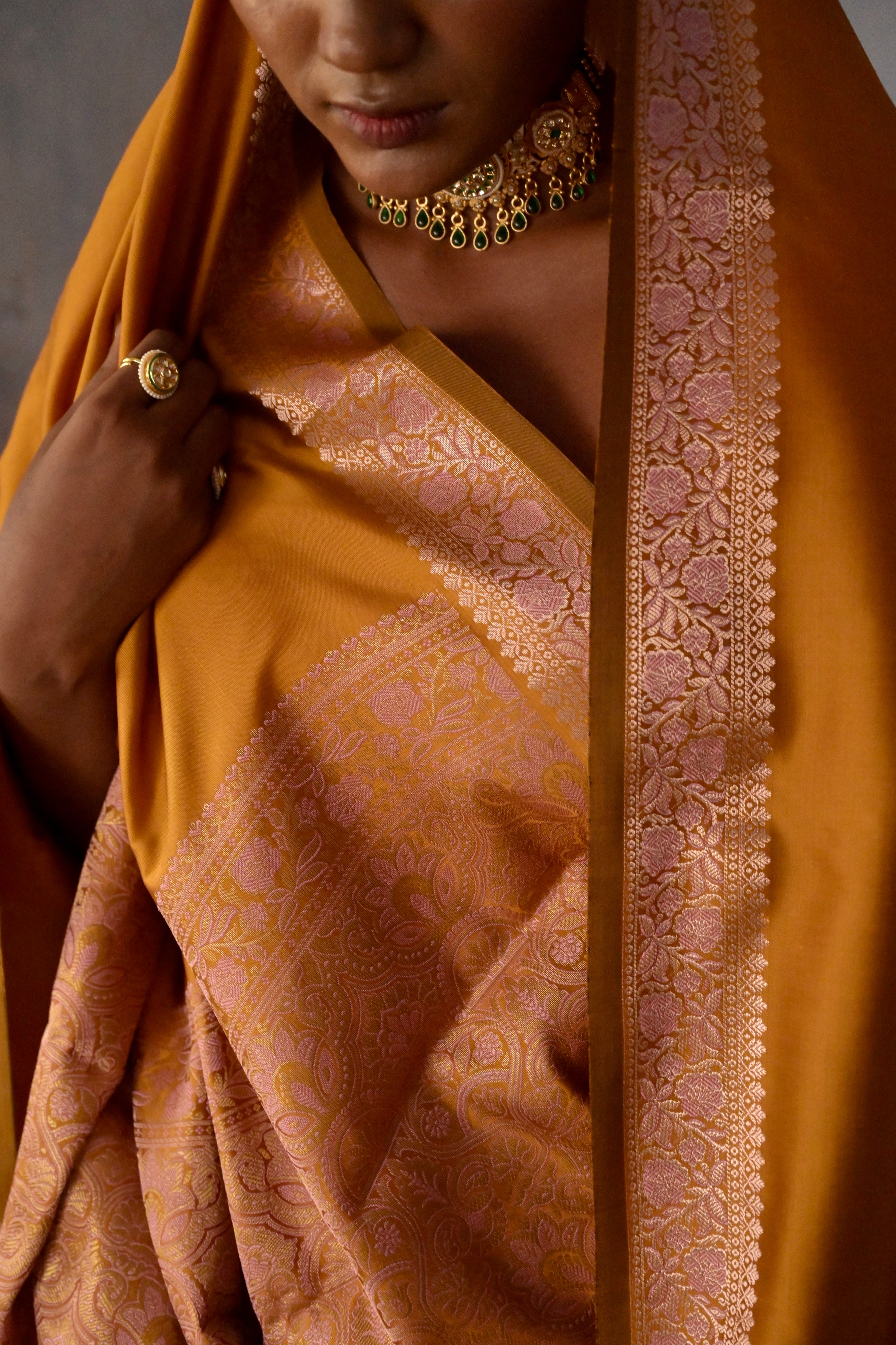 Kashika I Ochre Handloom Silk Banarasi Saree with Floral Zari Border