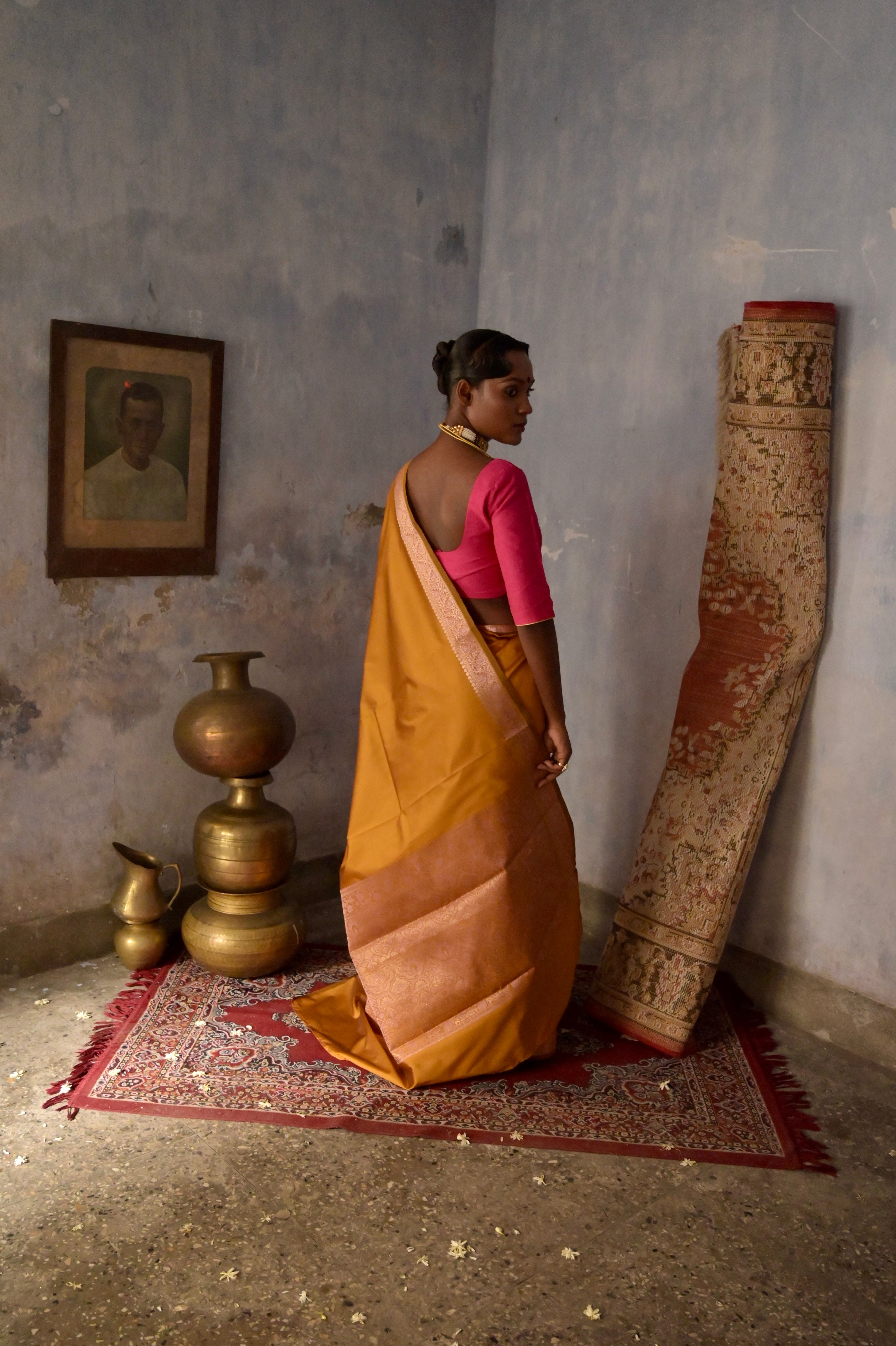 Kashika I Ochre Handloom Silk Banarasi Saree with Floral Zari Border