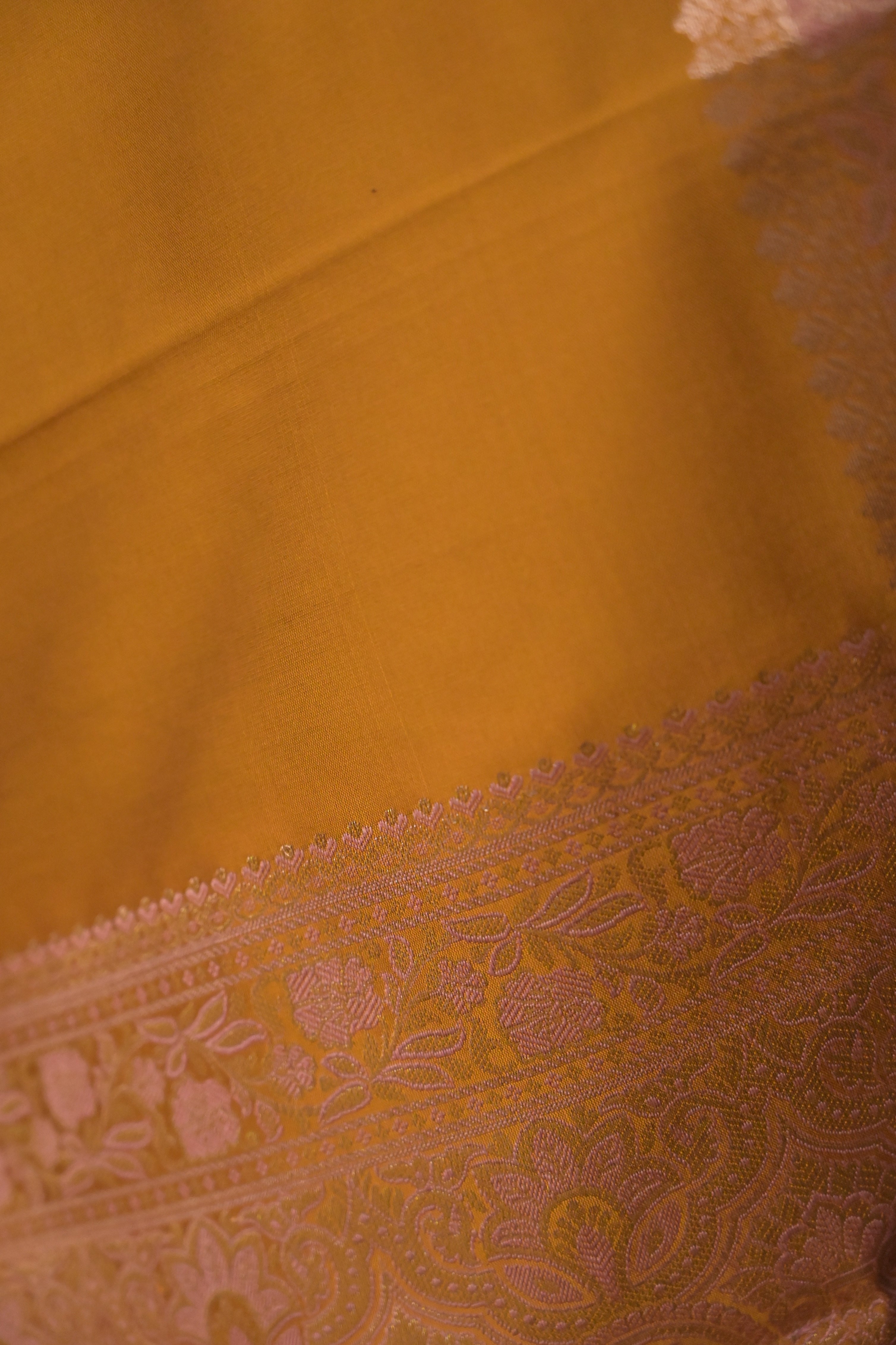 Kashika I Ochre Handloom Silk Banarasi Saree with Floral Zari Border