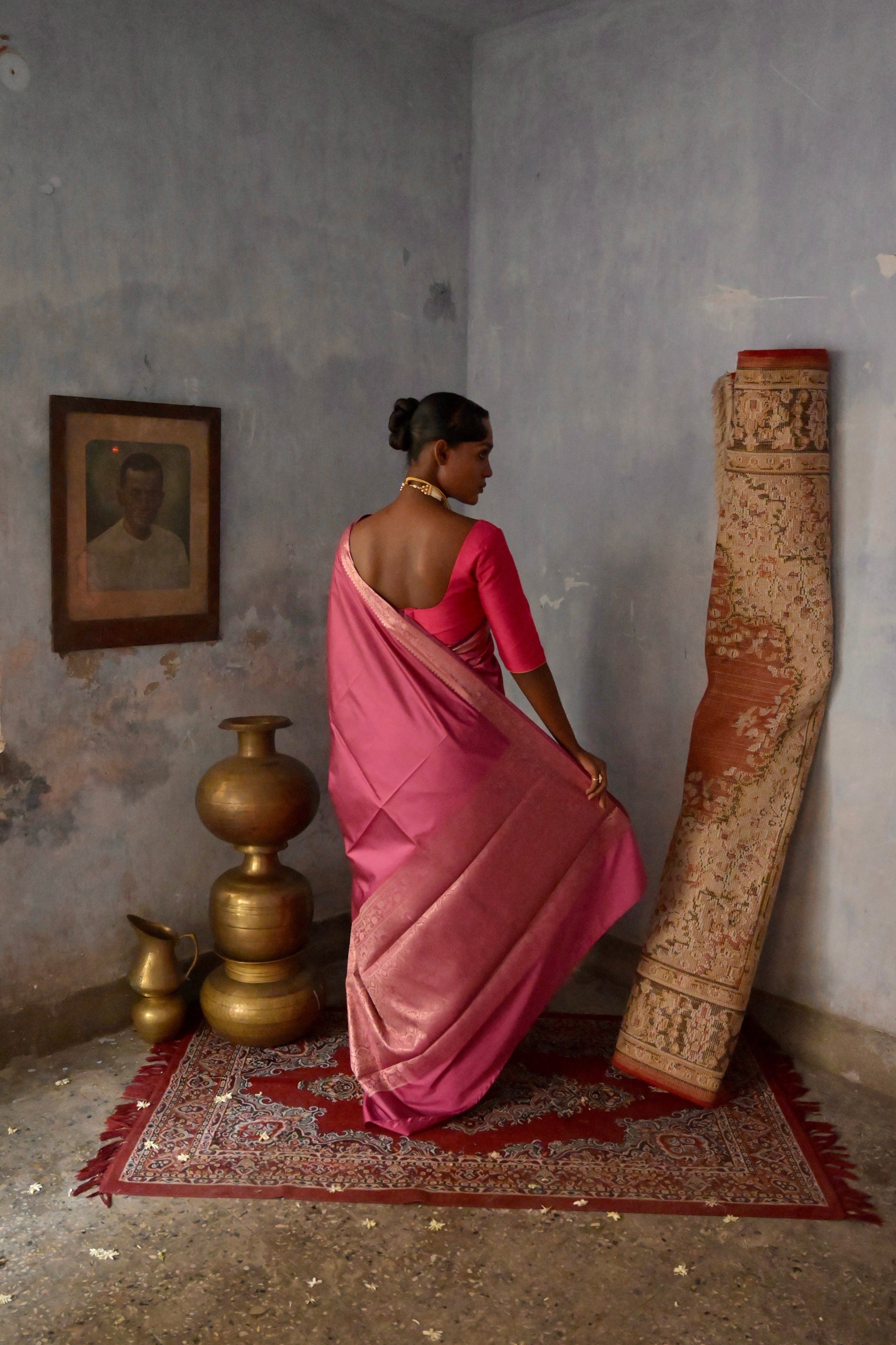 Zaviya I Pink Handloom Silk Banarasi Saree with Floral Zari Border