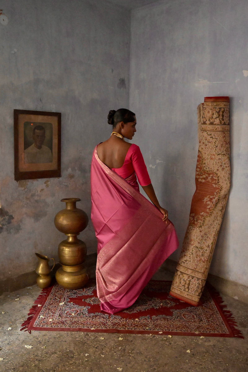 Banarasi Traditional Handloom Intricate Floral Motifs Zari Woven Satin Silk Saree main image 1