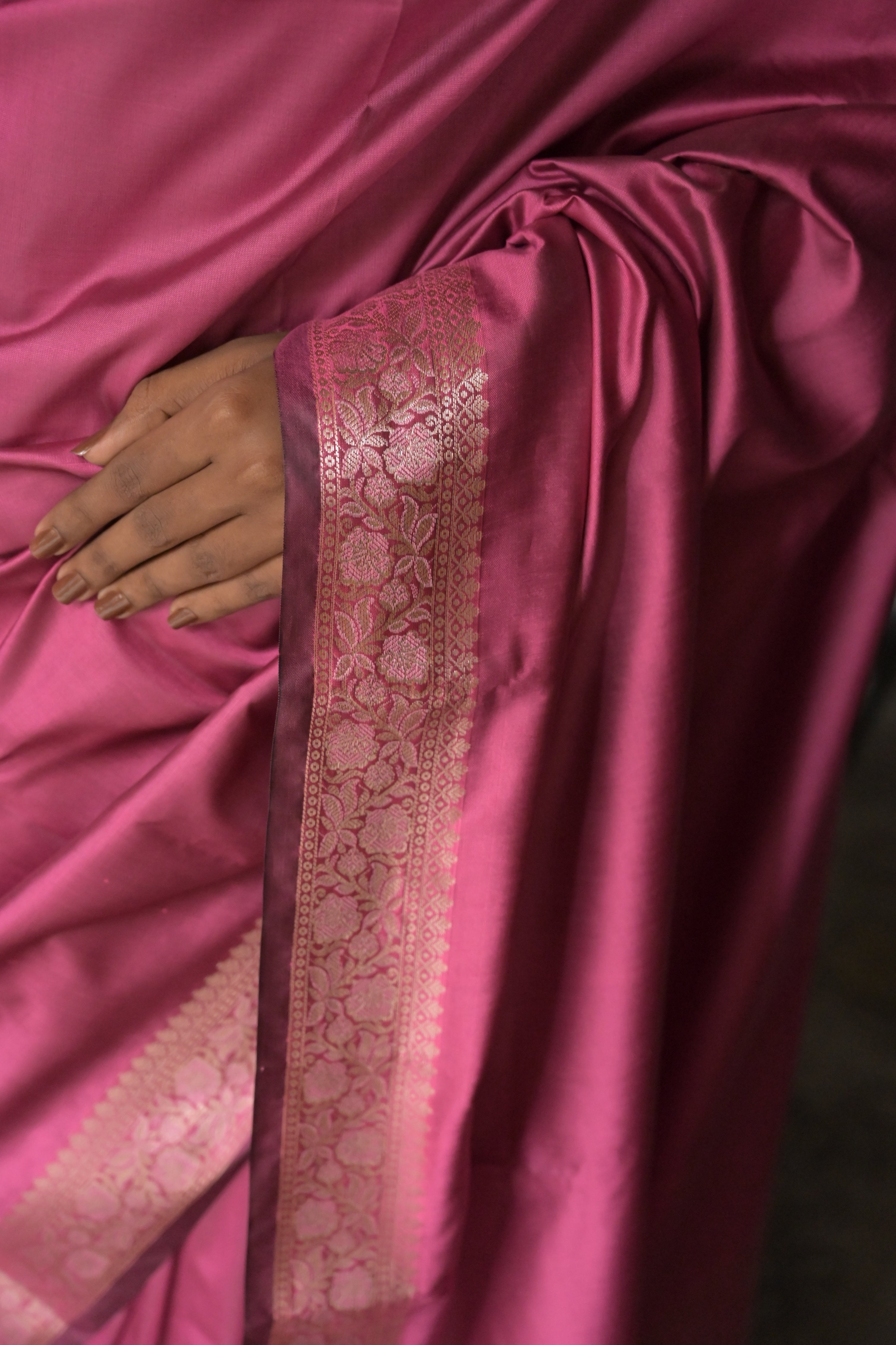 Zaviya I Pink Handloom Silk Banarasi Saree with Floral Zari Border