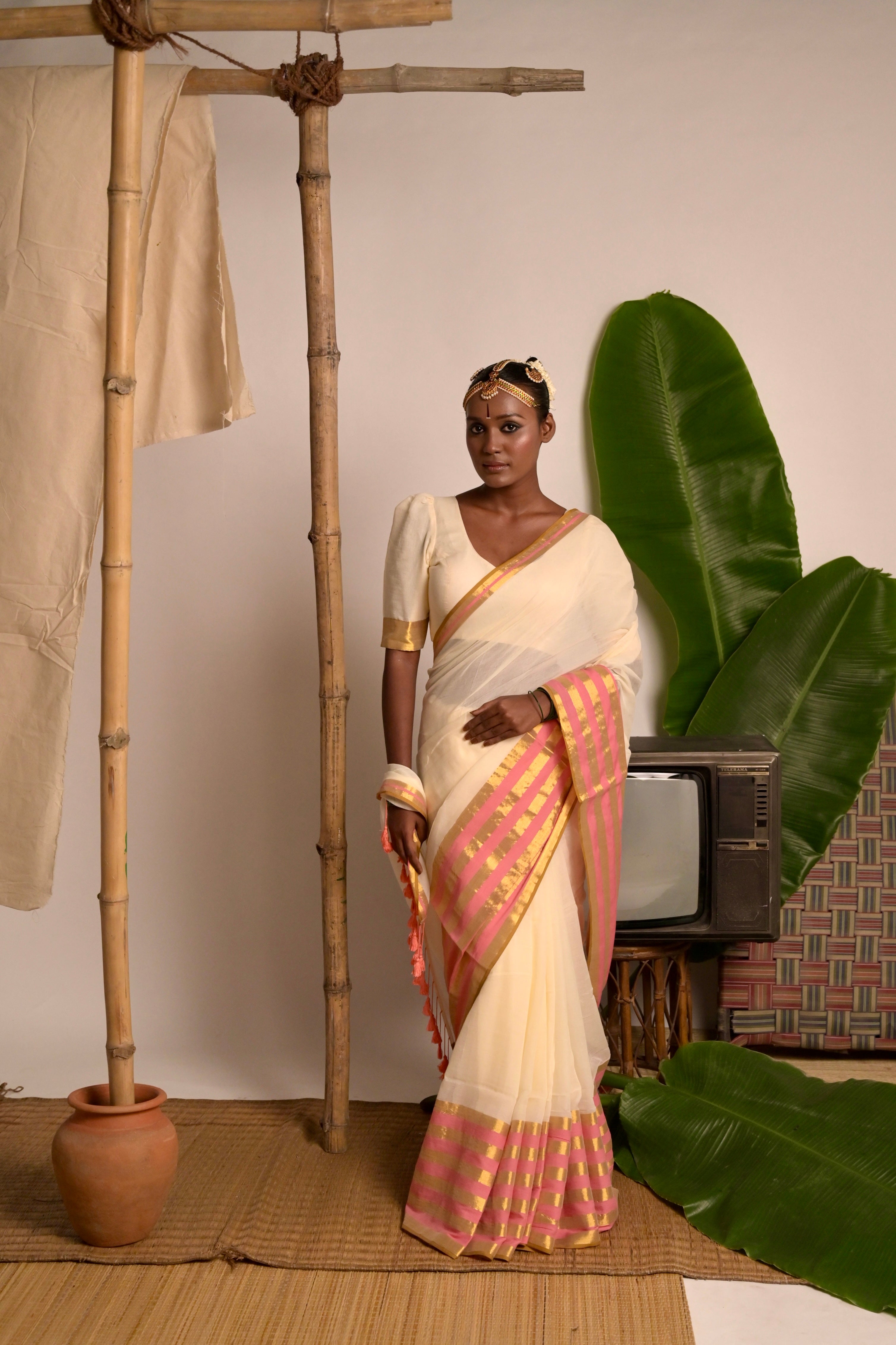Chandramaya I Cream White Cotton Saree with Pink and Golden Striped Border