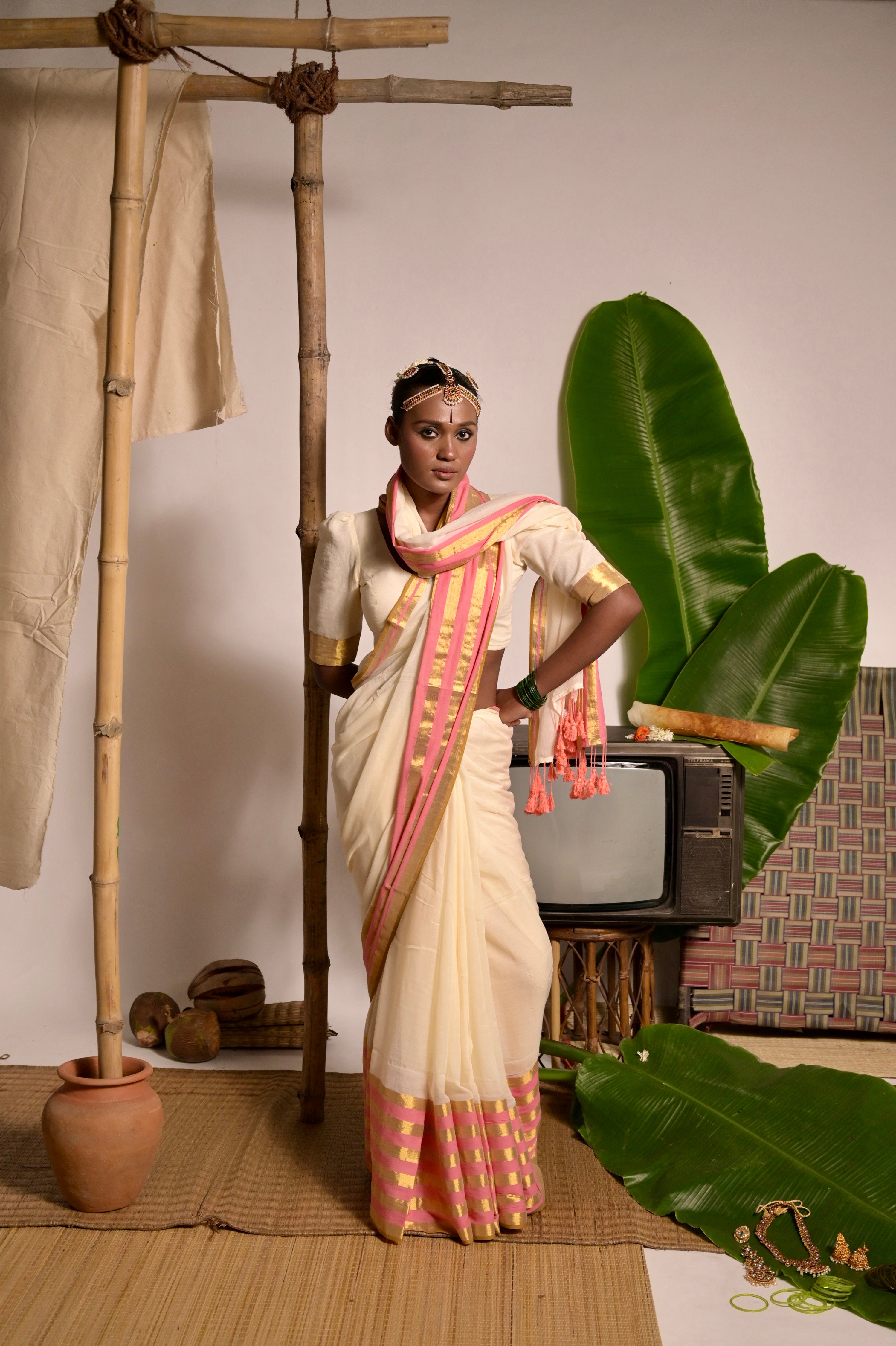 Chandramaya I Cream White Cotton Saree with Pink and Golden Striped Border