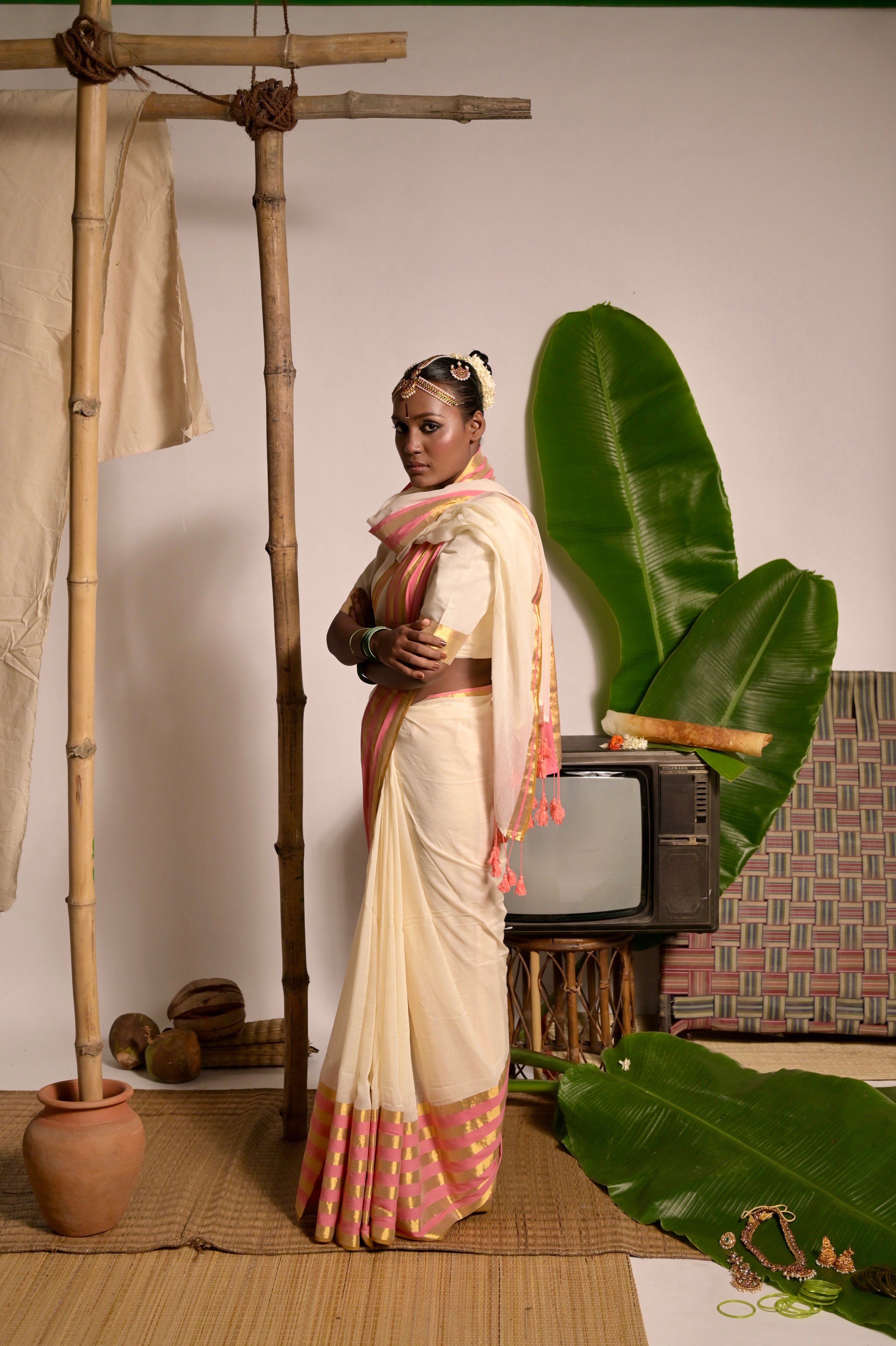 Chandramaya I Cream White Cotton Saree with Pink and Golden Striped Border
