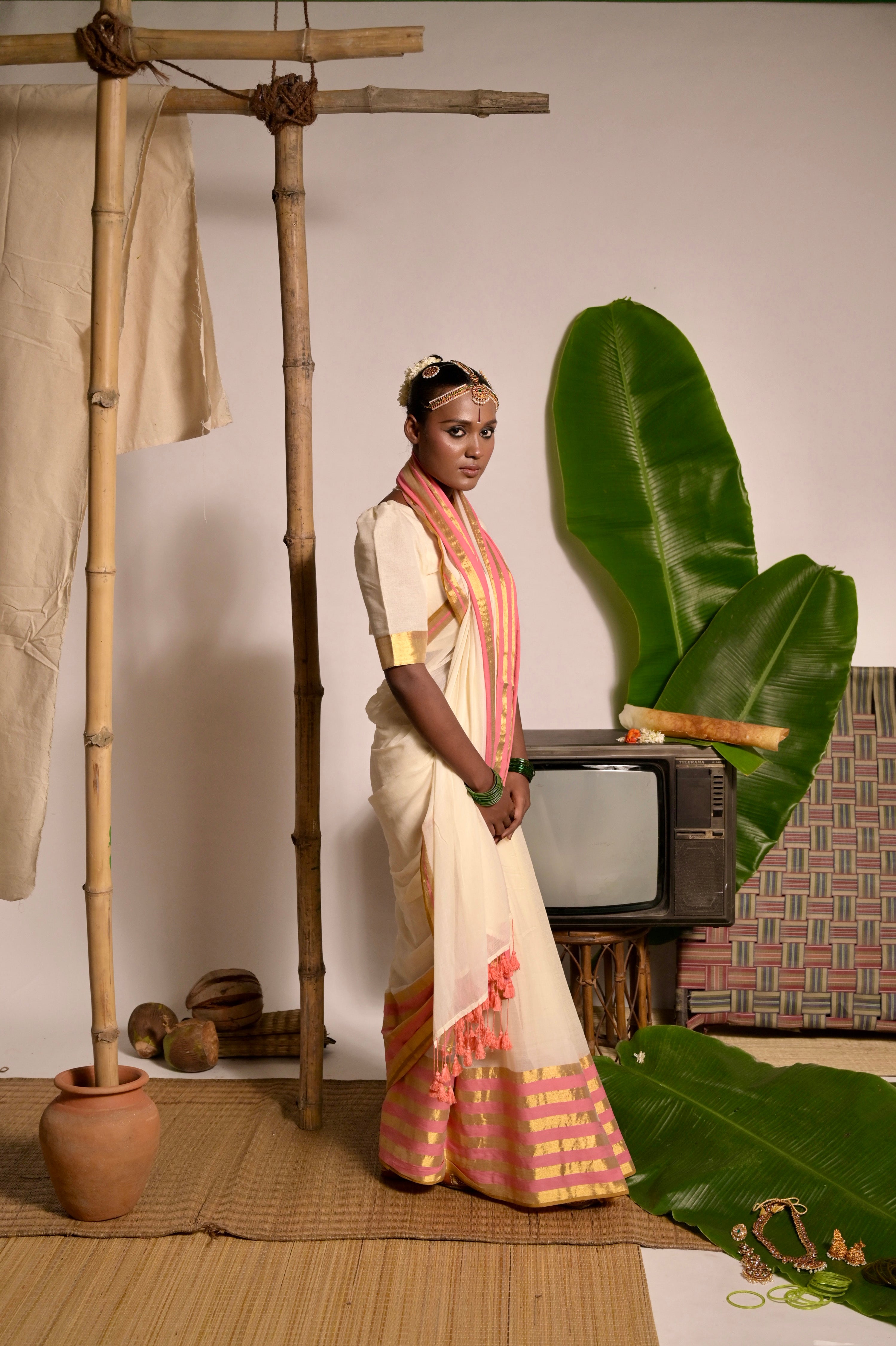 Chandramaya I Cream White Cotton Saree with Pink and Golden Striped Border