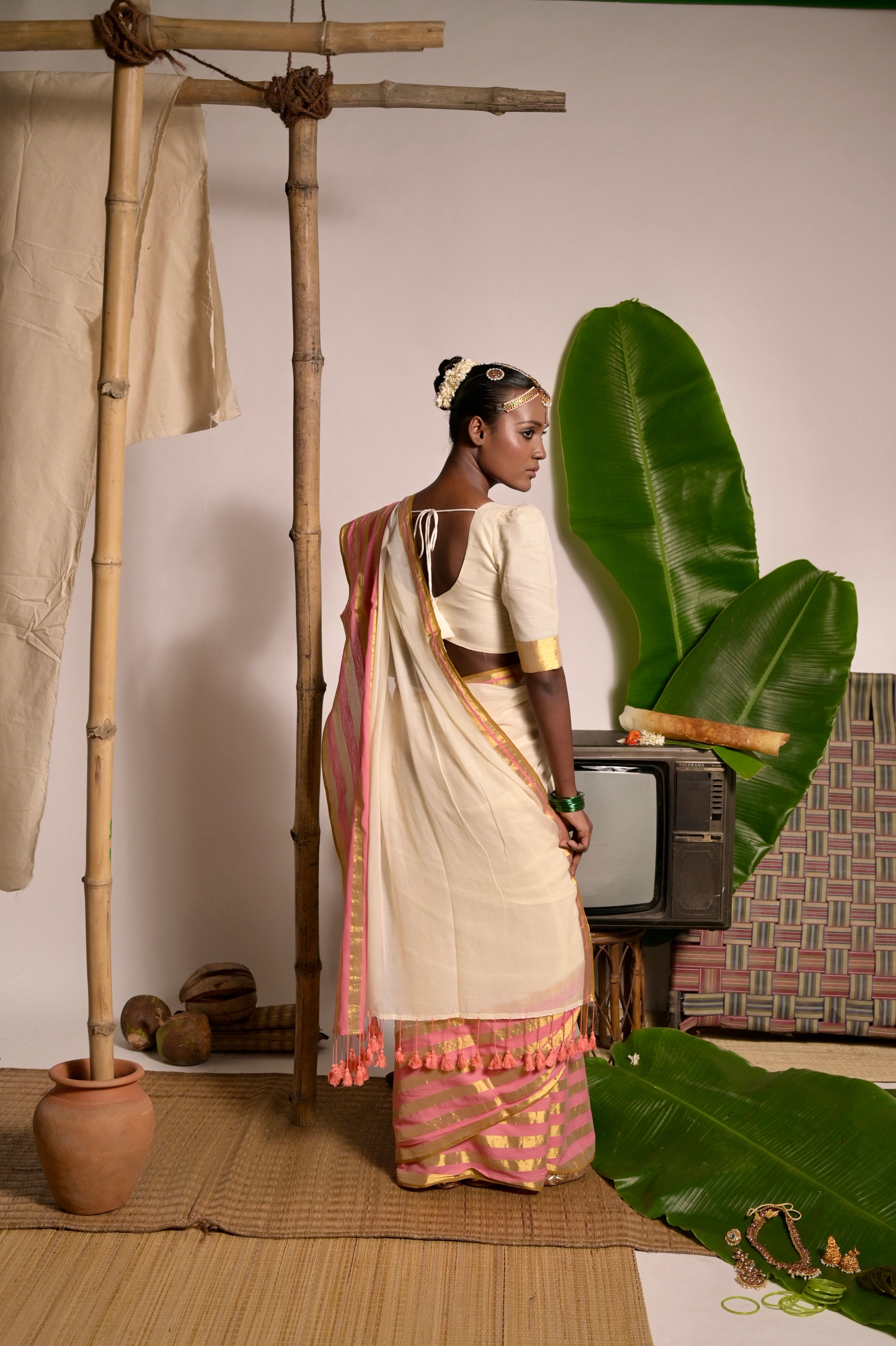 Chandramaya I Cream White Cotton Saree with Pink and Golden Striped Border