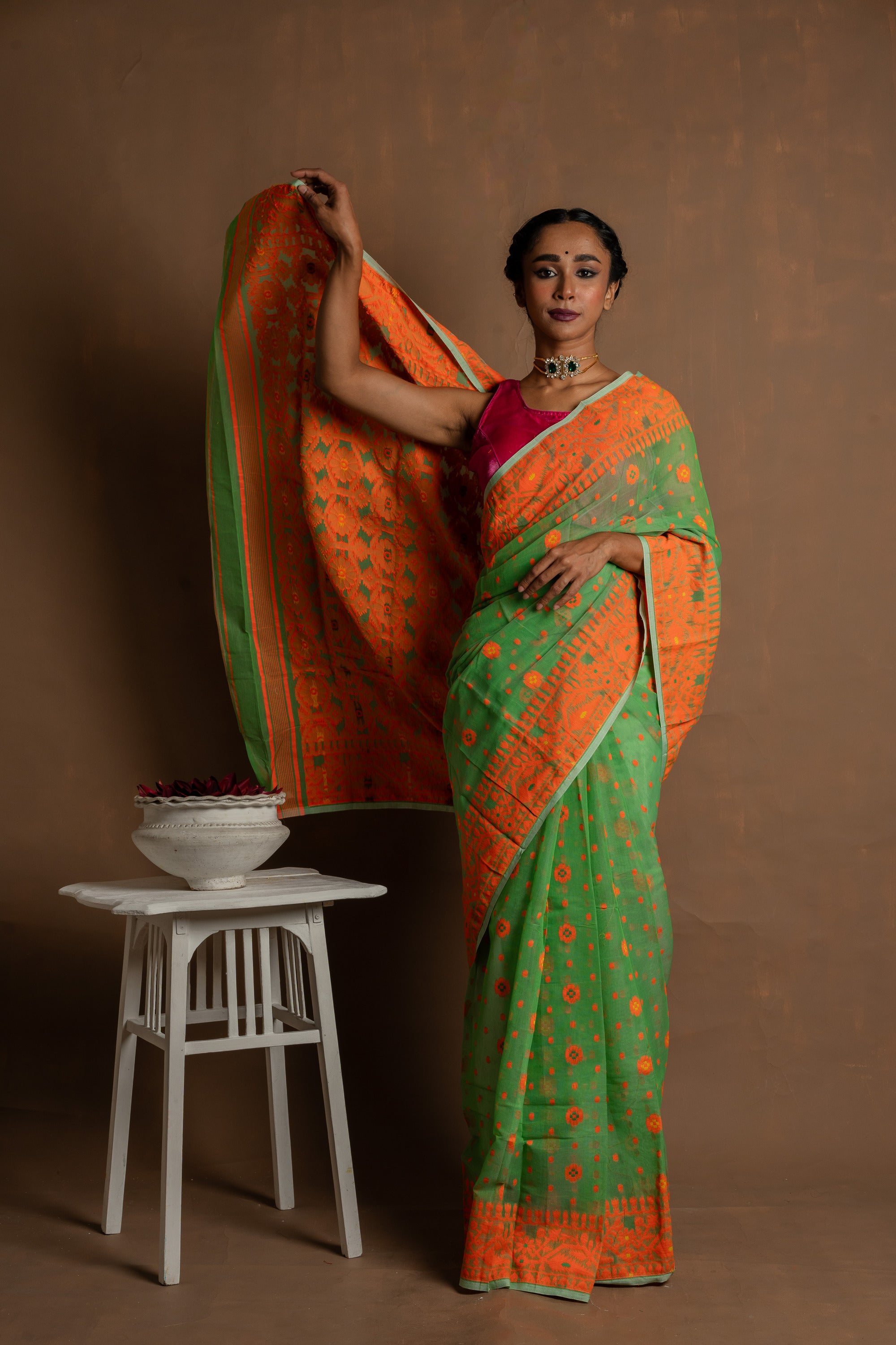 Day Lily I Green cotton silk saree with orange border