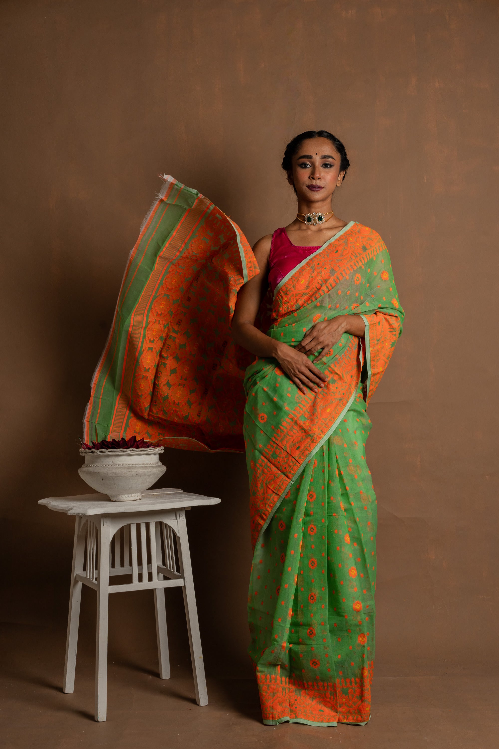 Day Lily I Green cotton silk saree with orange border