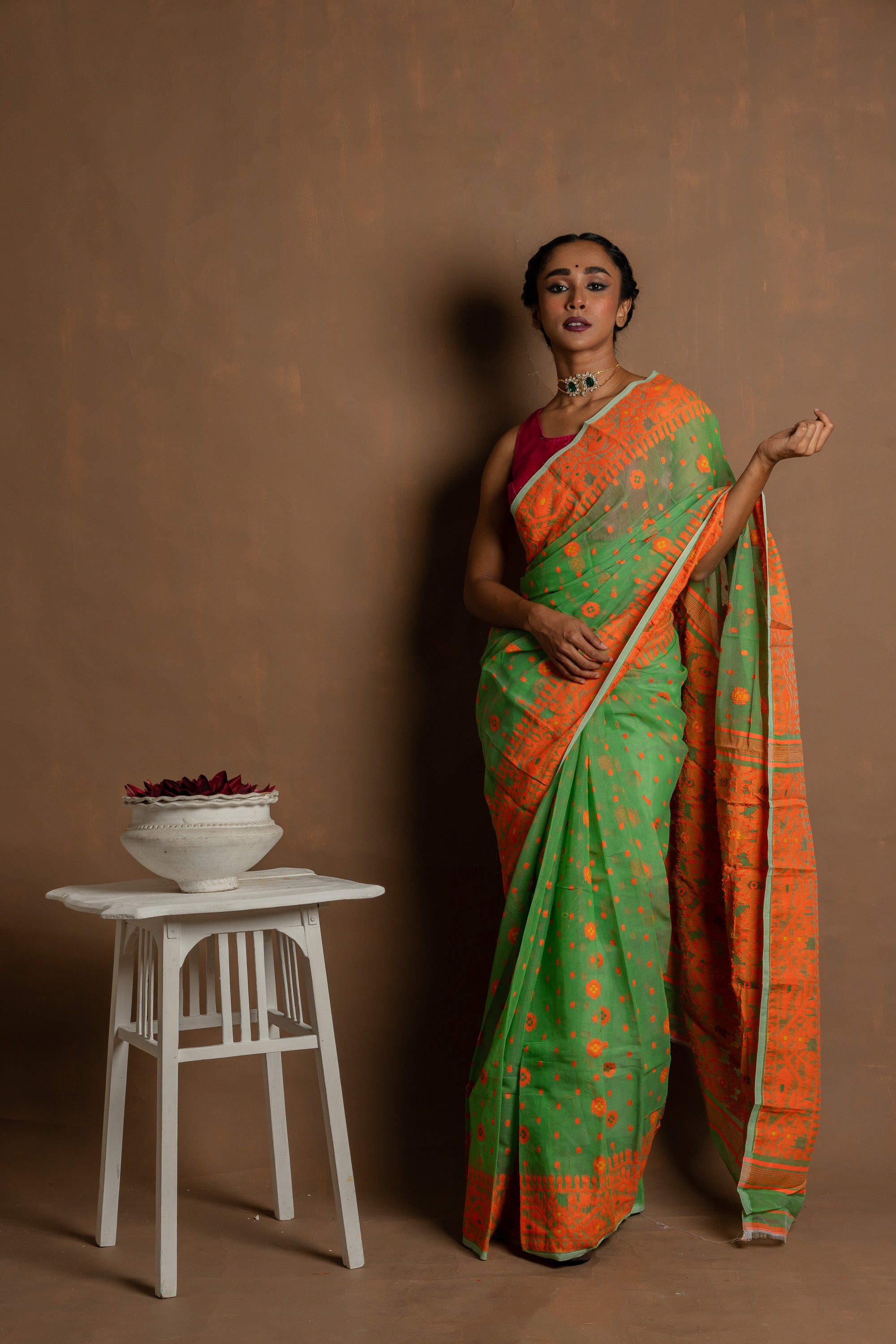 Day Lily I Green cotton silk saree with orange border