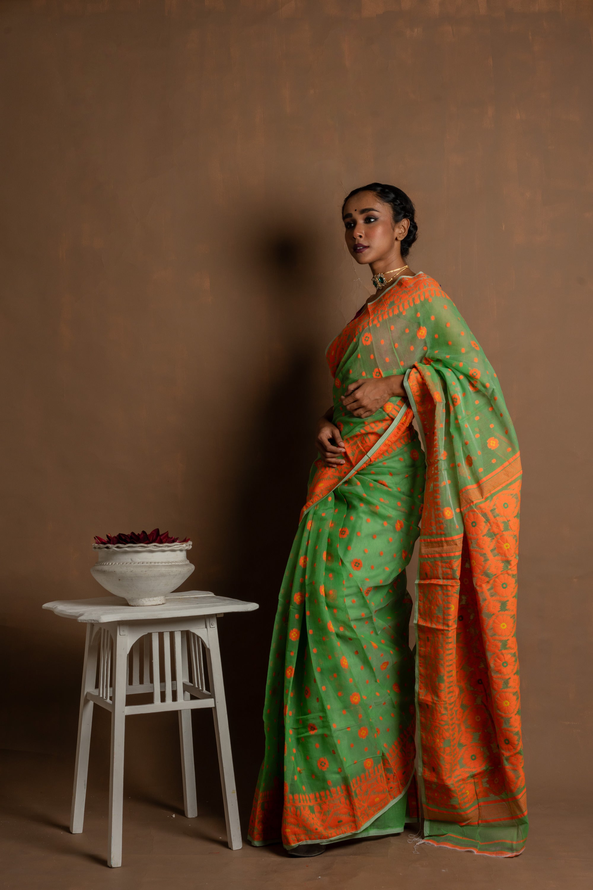 Day Lily I Green cotton silk saree with orange border