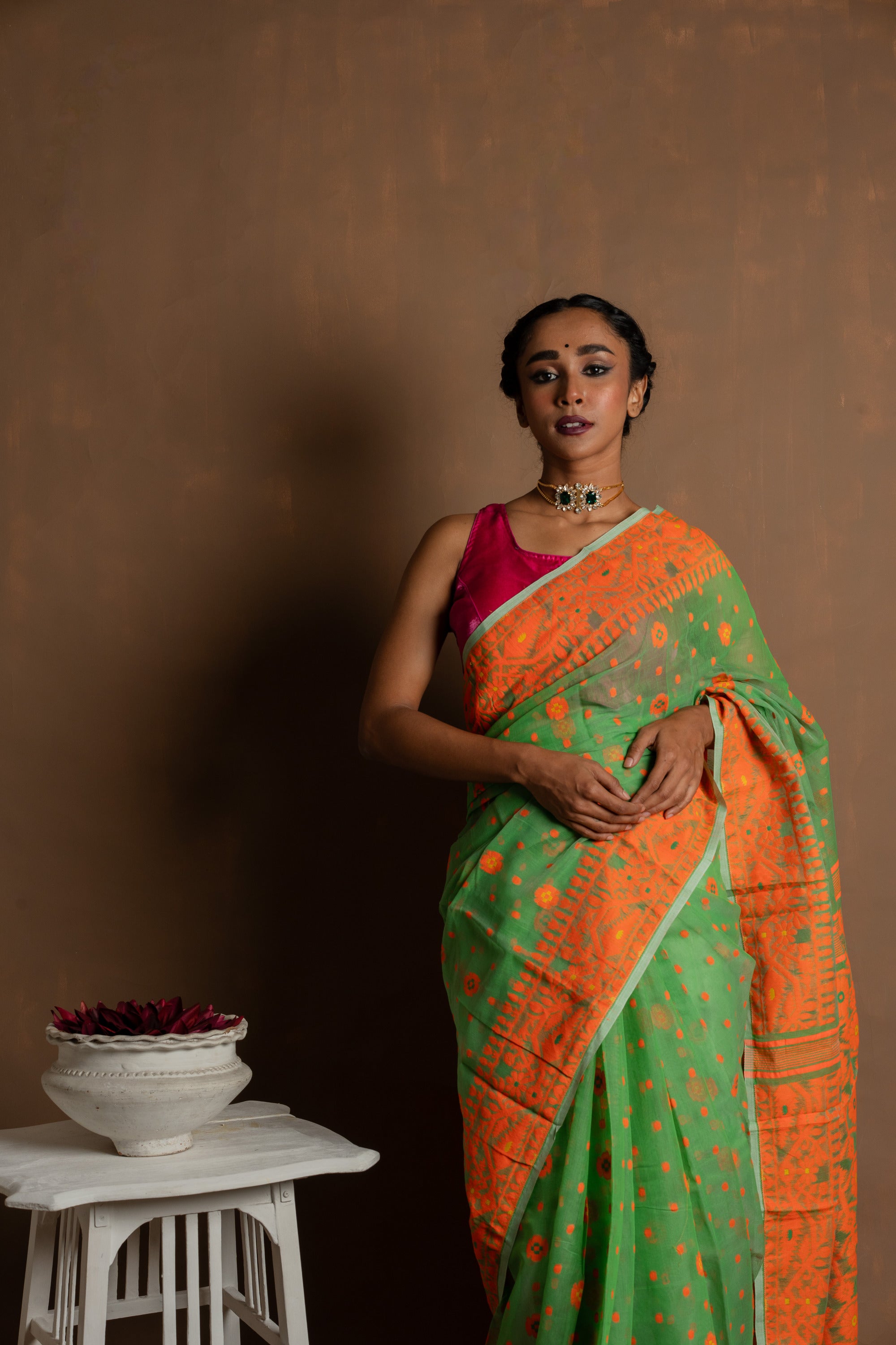 Day Lily I Green cotton silk saree with orange border